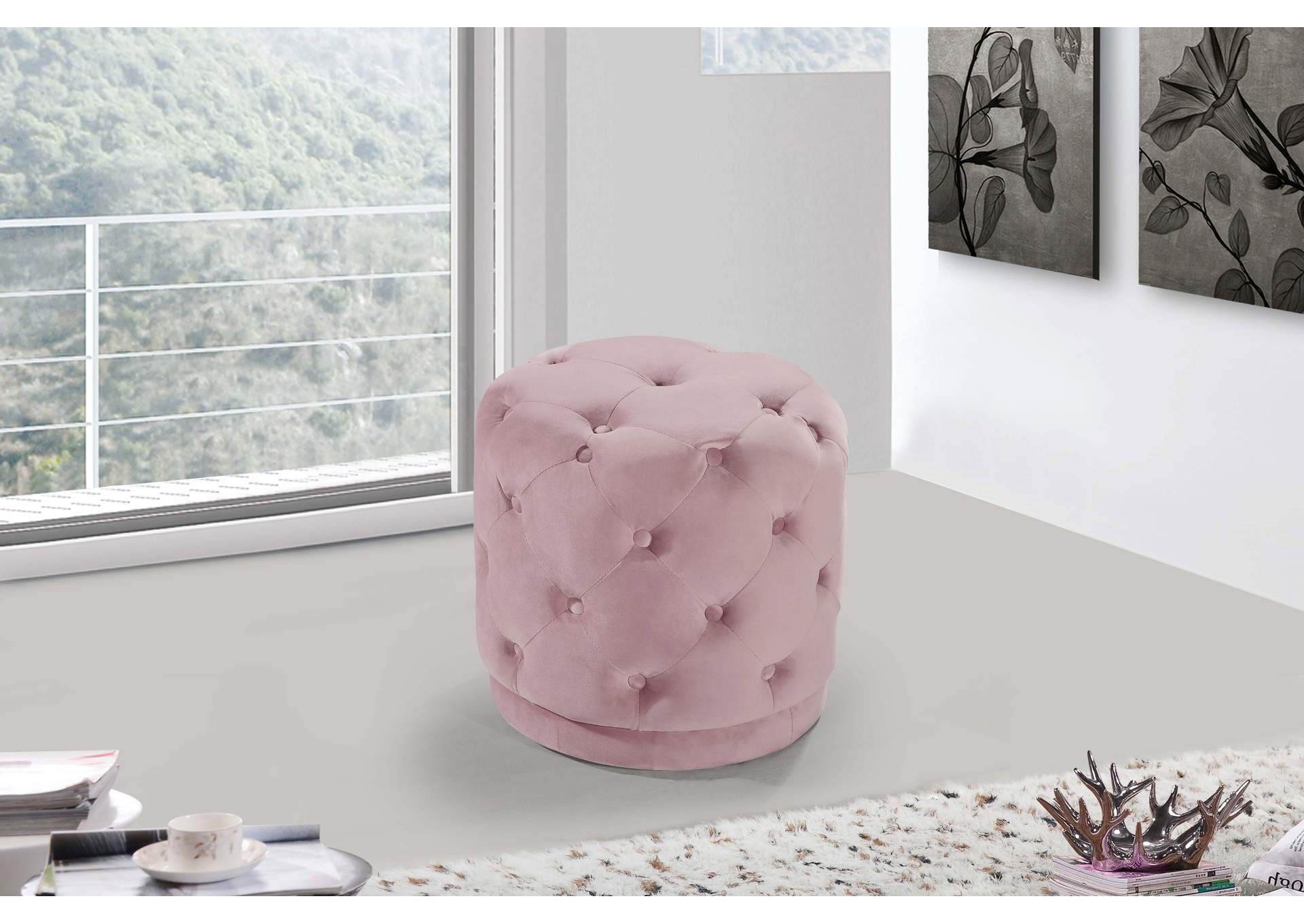 Harper Pink Velvet Ottoman - Stool,Meridian Furniture