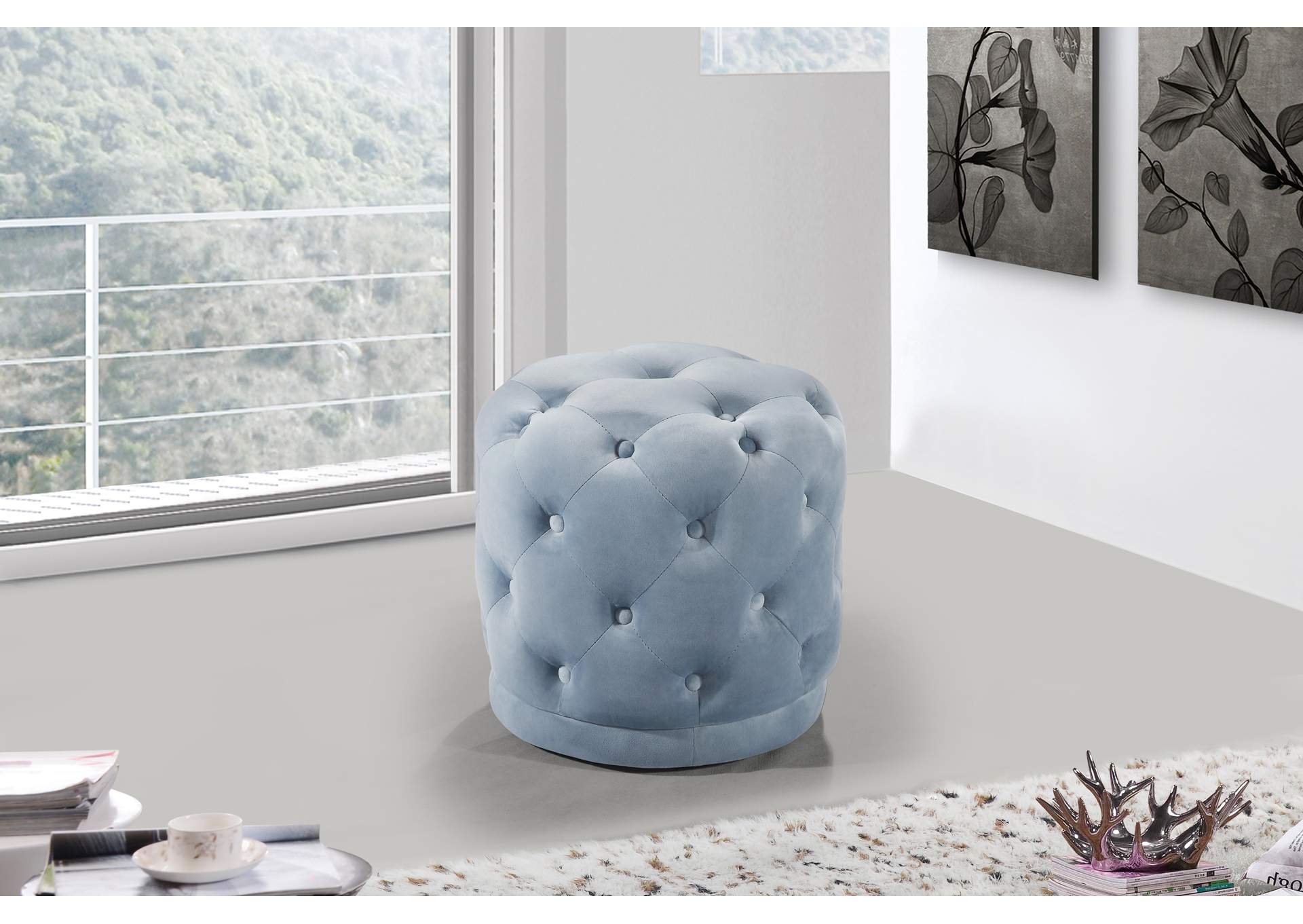 Harper Sky Blue Velvet Ottoman - Stool,Meridian Furniture