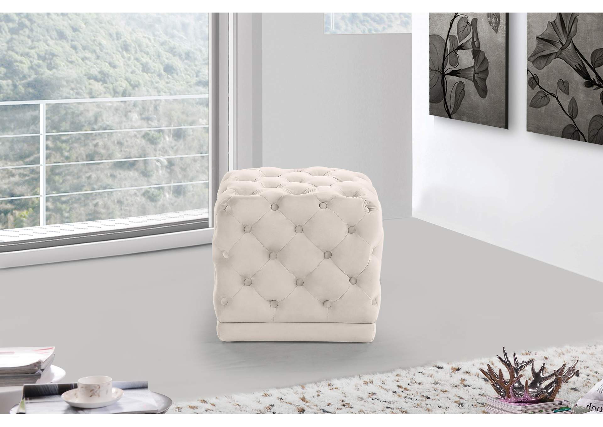 Stella Cream Velvet Ottoman - Stool,Meridian Furniture