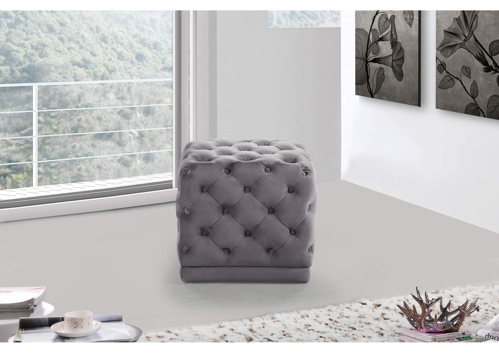 Stella Grey Velvet Ottoman - Stool,Meridian Furniture