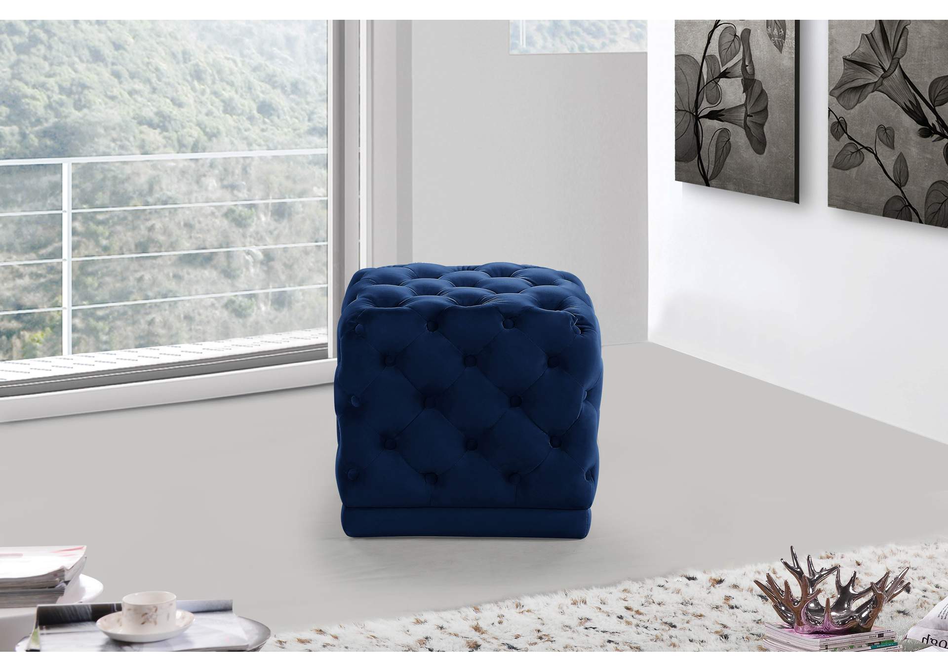 Stella Navy Velvet Ottoman - Stool,Meridian Furniture