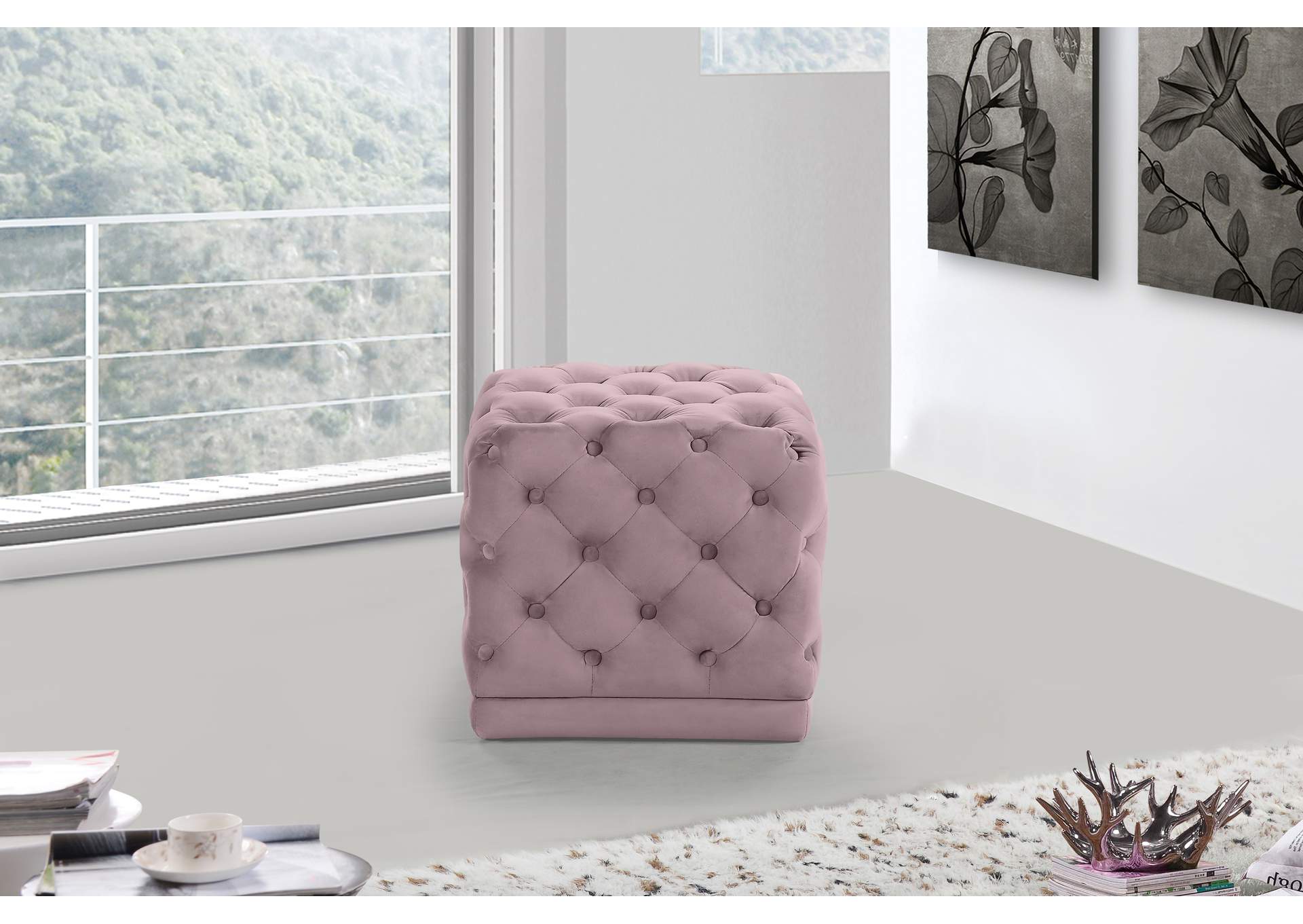 Stella Pink Velvet Ottoman - Stool,Meridian Furniture