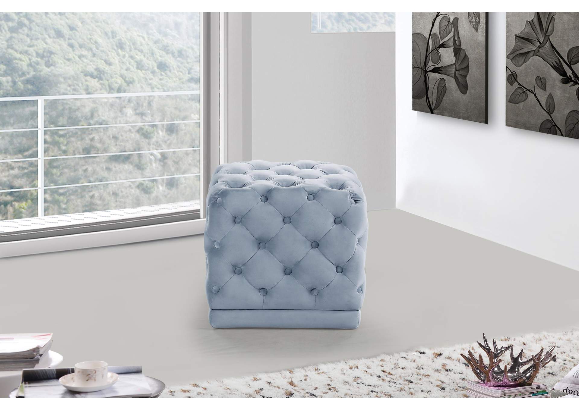 Stella Sky Blue Velvet Ottoman - Stool,Meridian Furniture