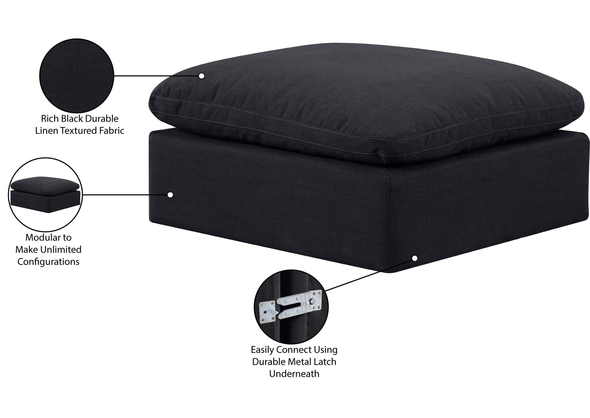 Indulge Black Linen Textured Fabric Ottoman,Meridian Furniture
