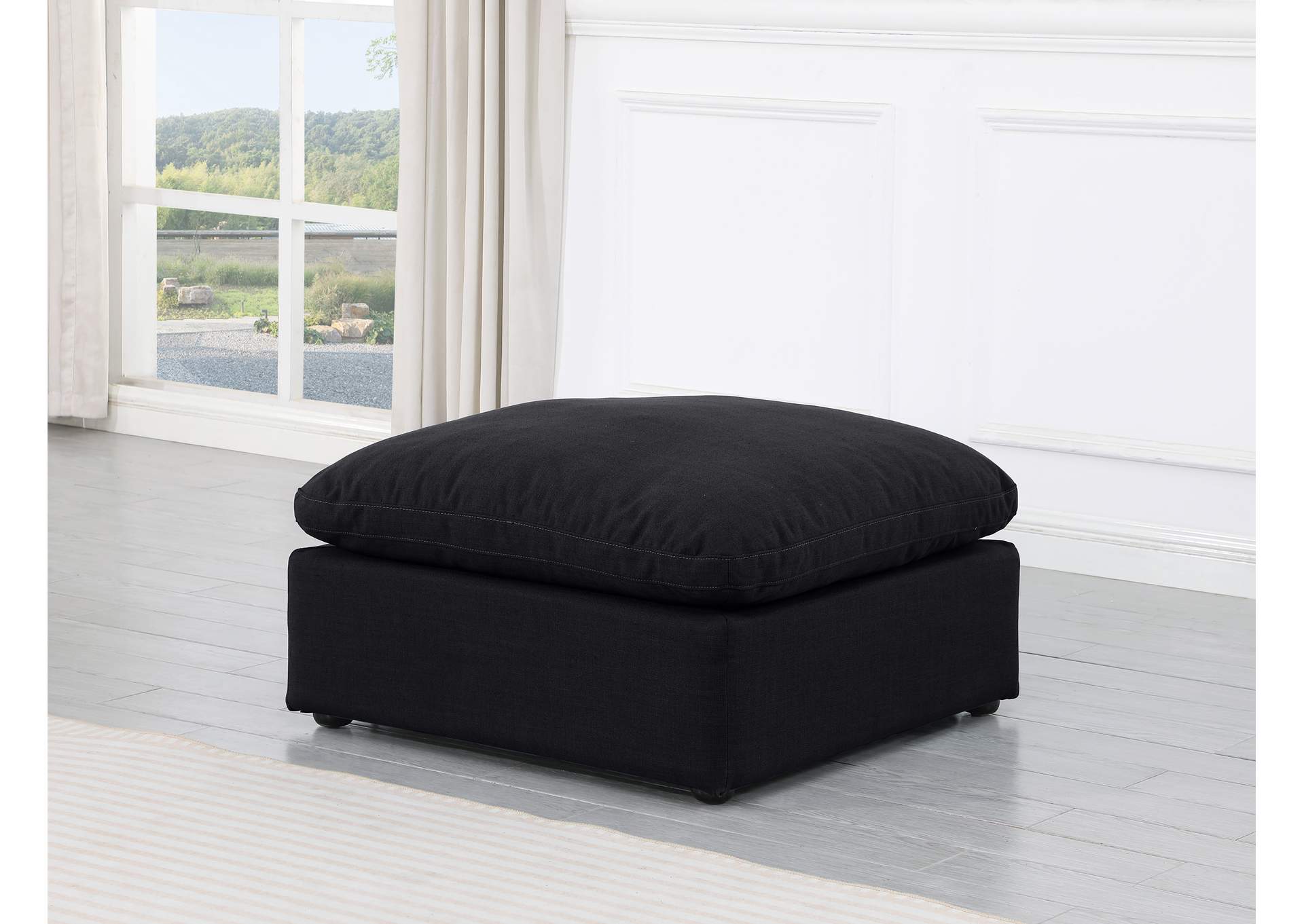 Indulge Black Linen Textured Fabric Ottoman,Meridian Furniture