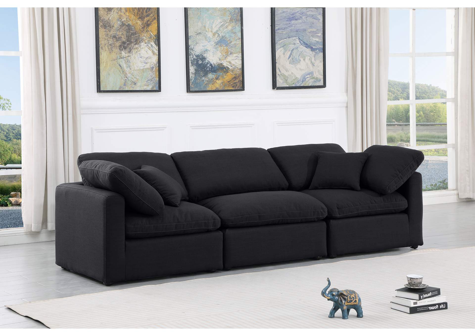 Indulge Black Linen Textured Fabric Modular Sofa,Meridian Furniture