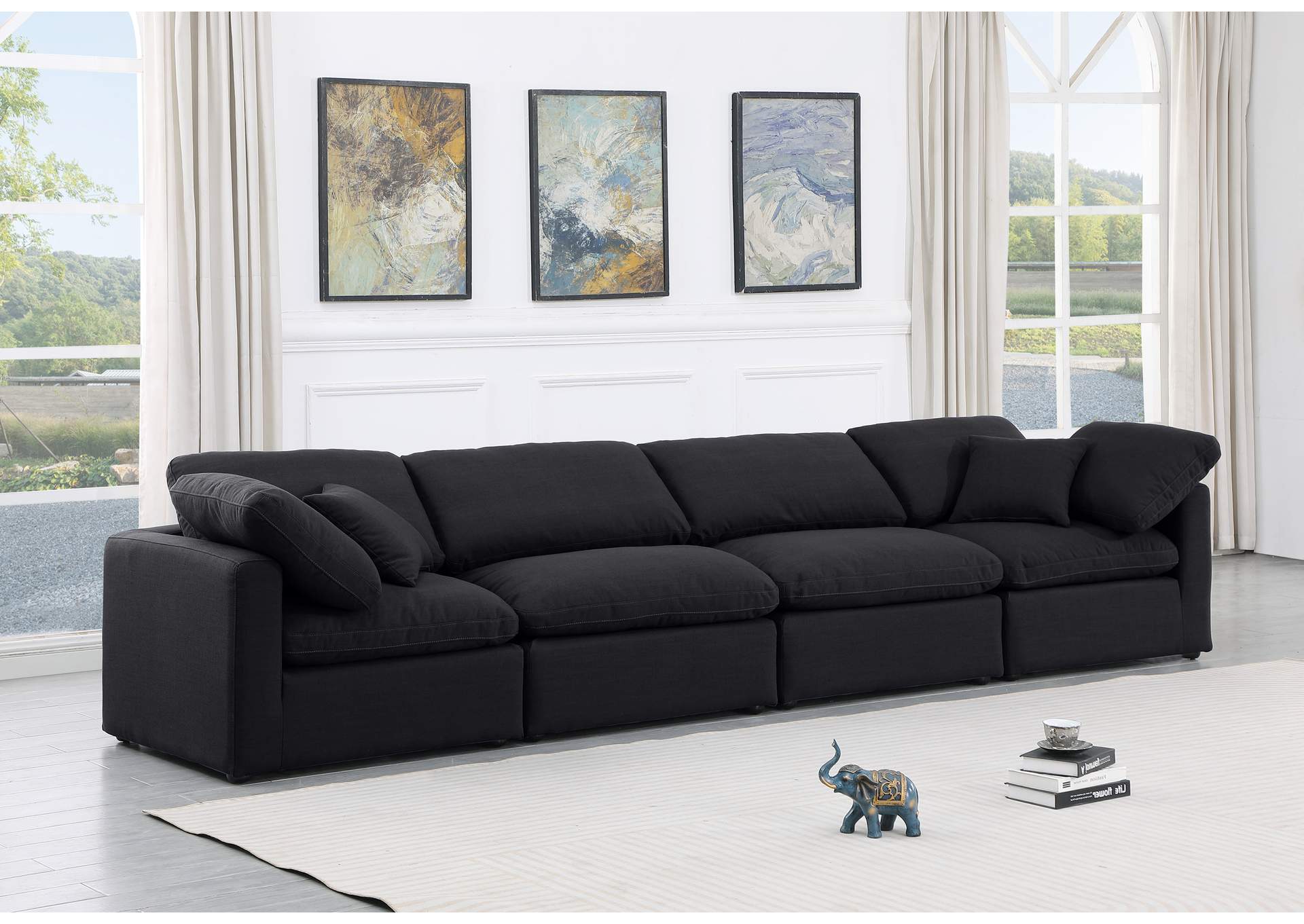 Indulge Black Linen Textured Fabric Modular Sofa,Meridian Furniture