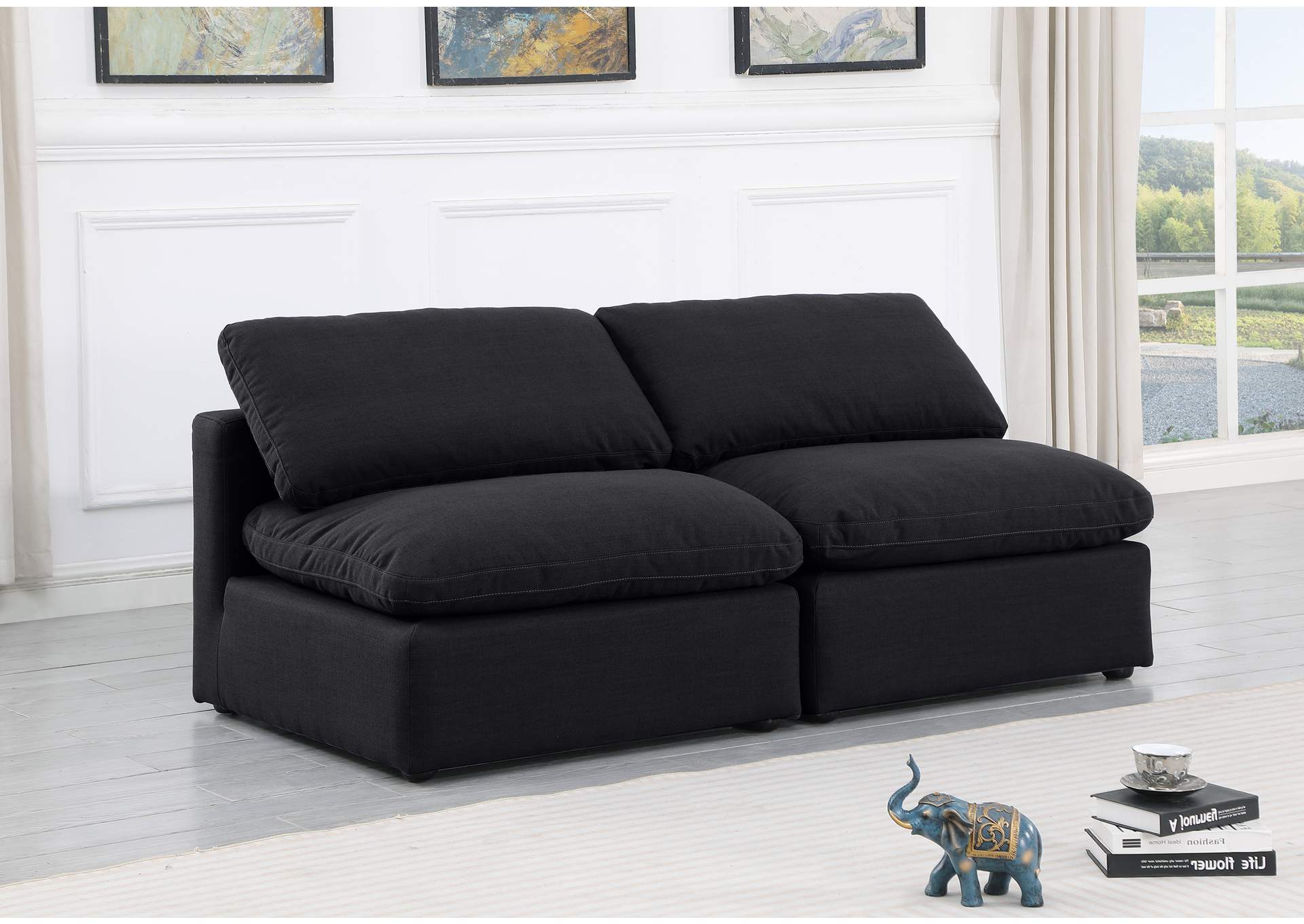 Indulge Black Linen Textured Fabric Modular Sofa,Meridian Furniture