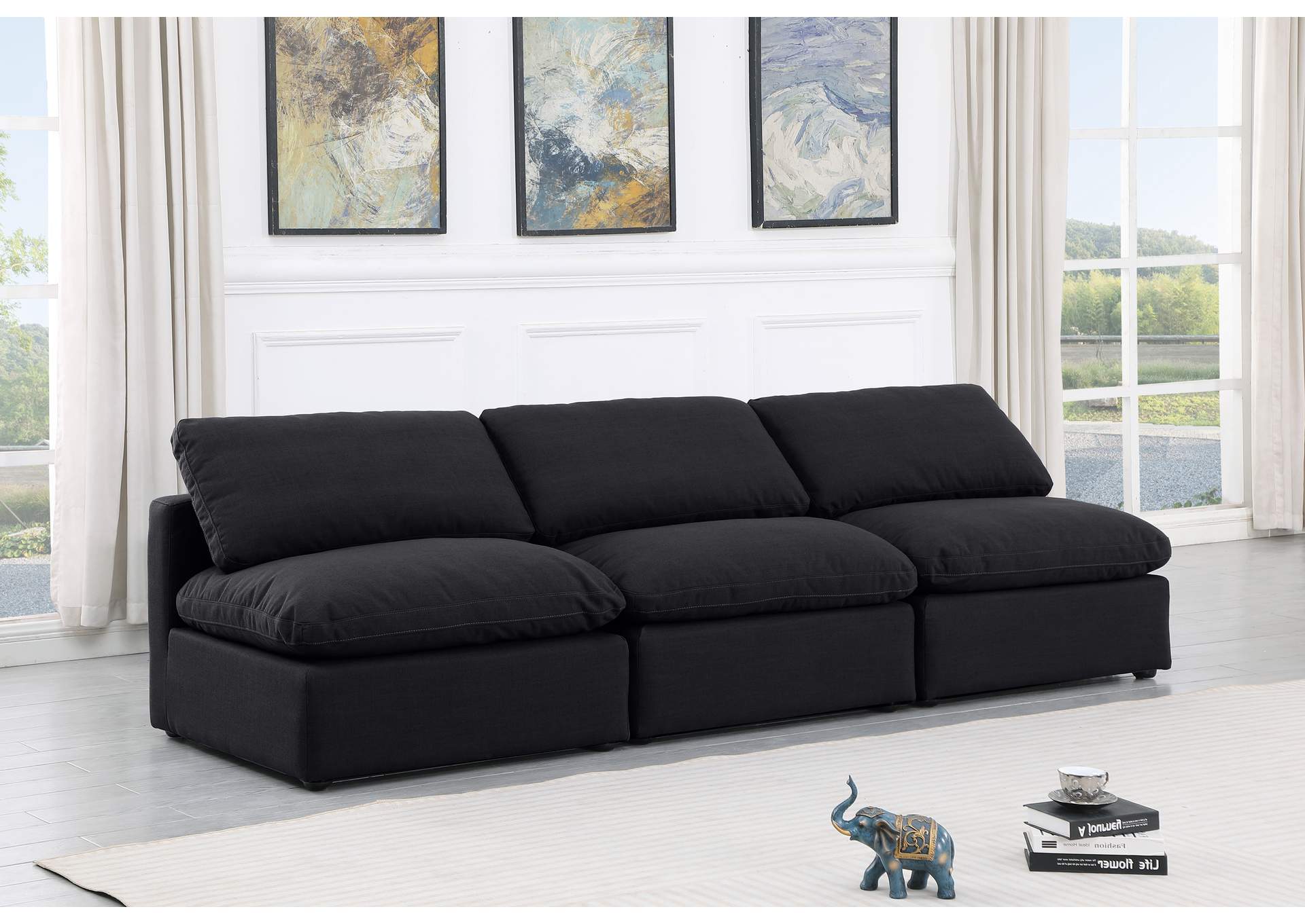 Indulge Black Linen Textured Fabric Modular Sofa,Meridian Furniture