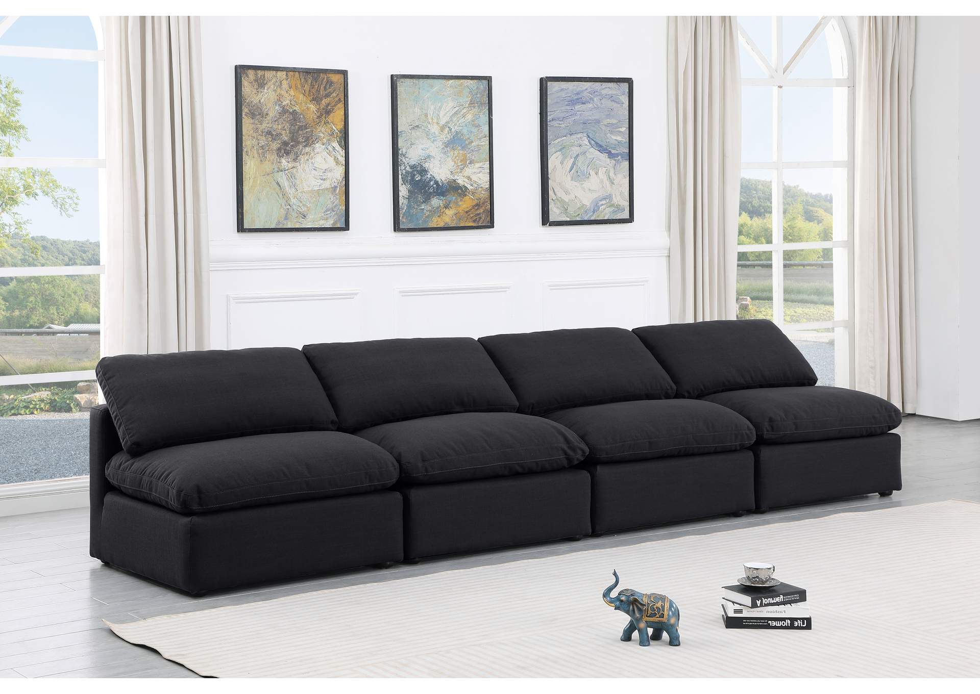 Indulge Black Linen Textured Fabric Modular Sofa,Meridian Furniture