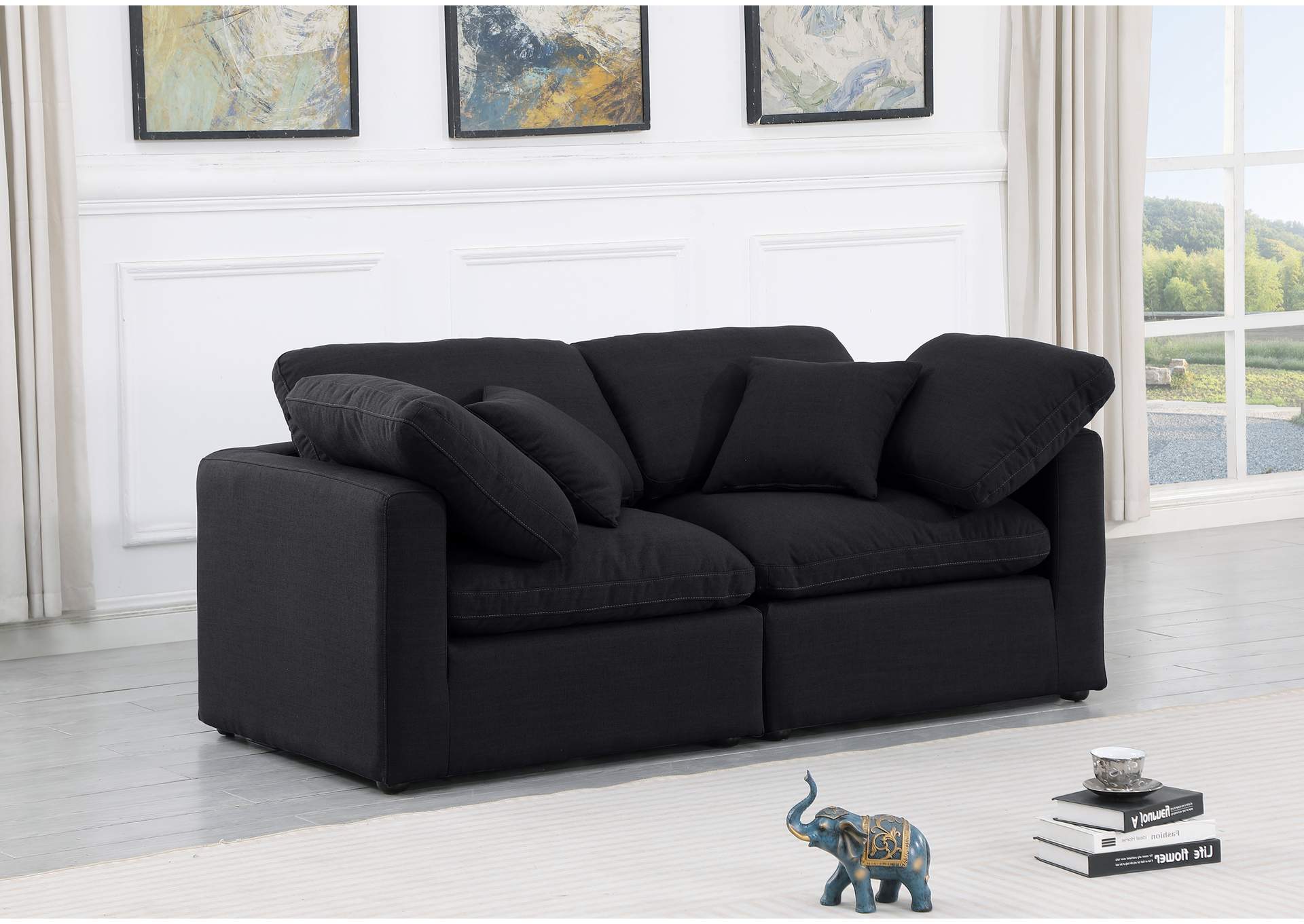 Indulge Black Linen Textured Fabric Modular Sofa,Meridian Furniture