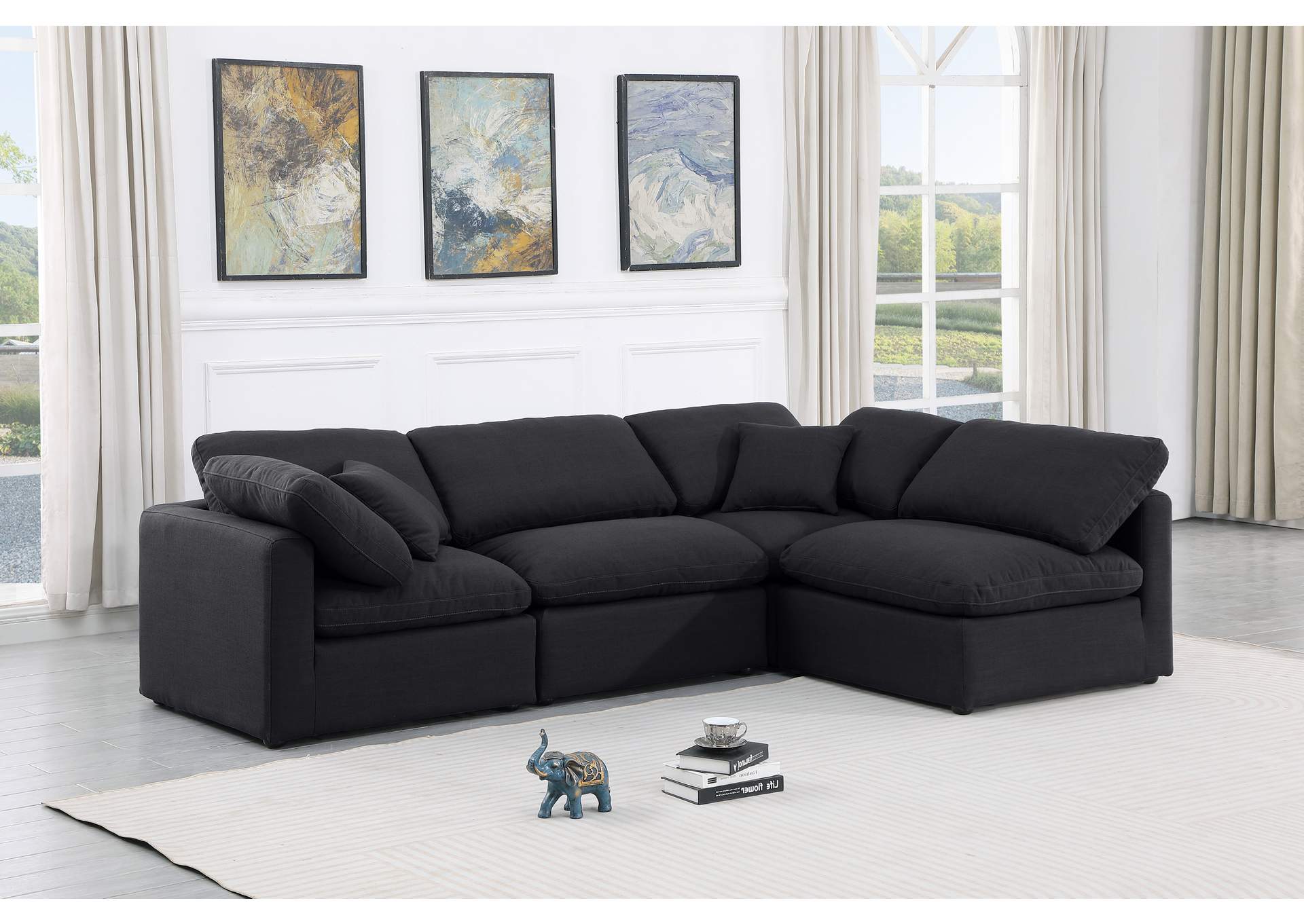 Indulge Black Linen Textured Fabric Modular Sectional,Meridian Furniture