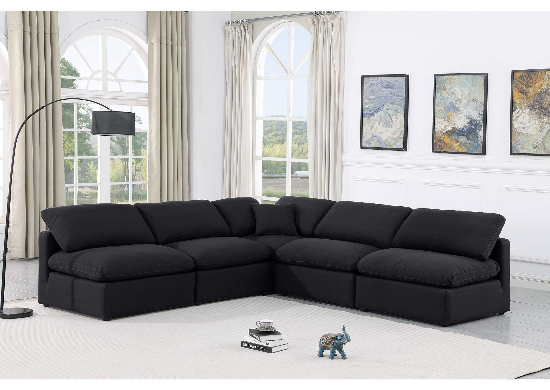 Indulge Black Linen Textured Fabric Modular Sectional,Meridian Furniture