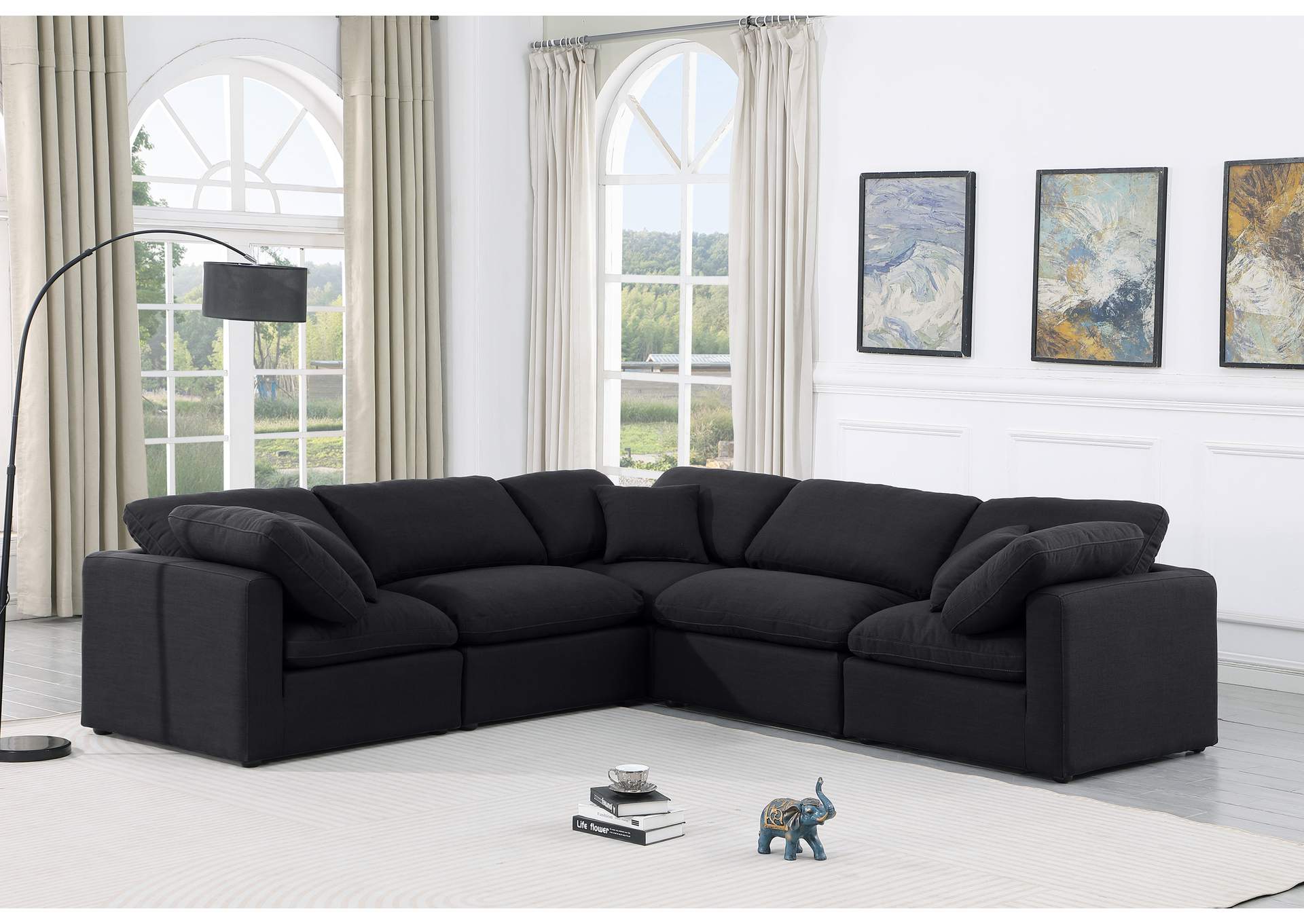 Indulge Black Linen Textured Fabric Modular Sectional,Meridian Furniture