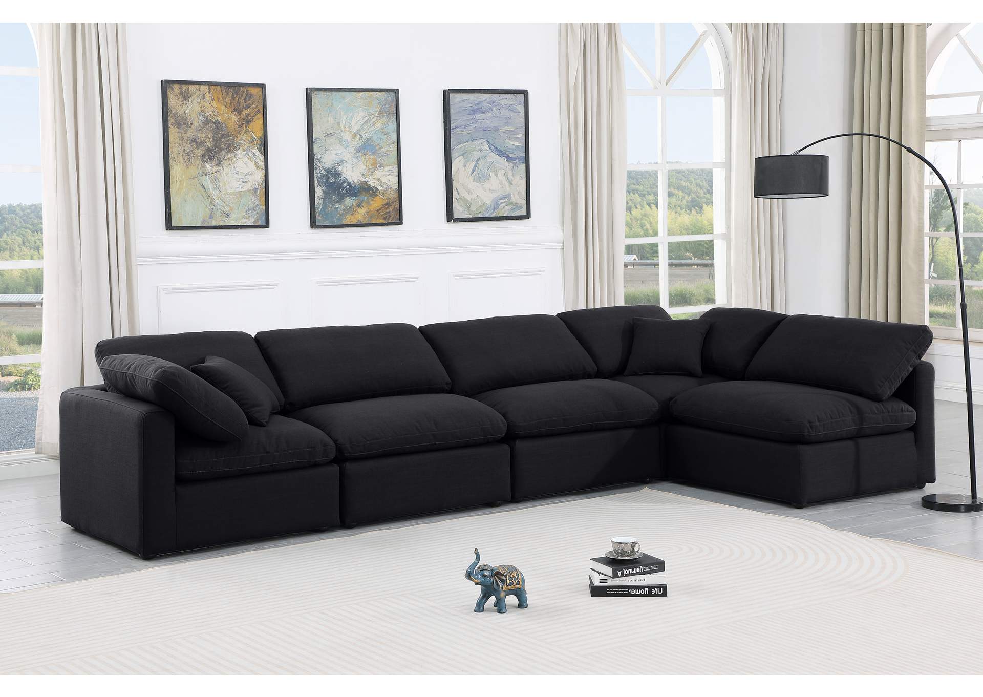 Indulge Black Linen Textured Fabric Modular Sectional,Meridian Furniture