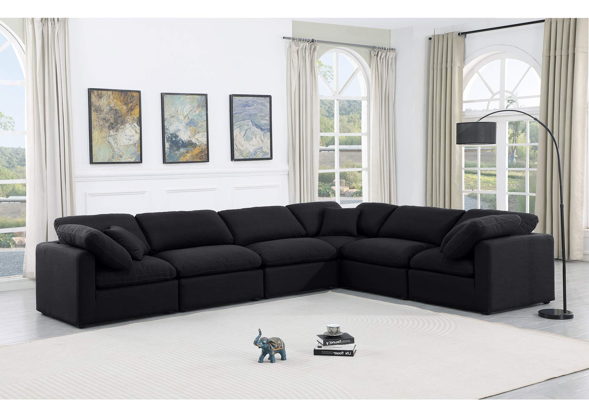 Indulge Black Linen Textured Fabric Modular Sectional,Meridian Furniture