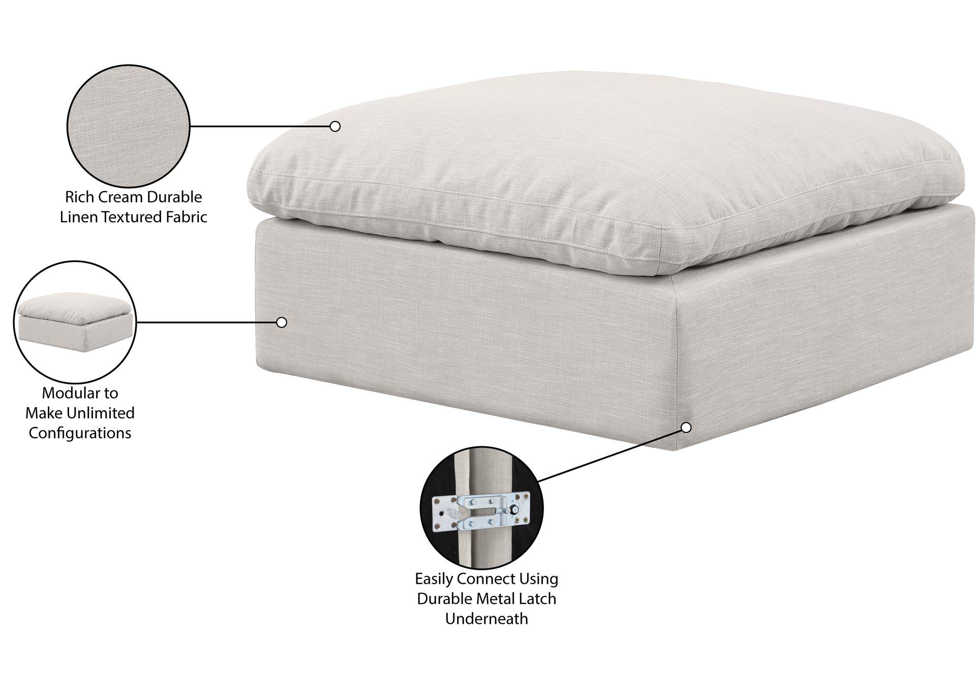 Indulge Cream Linen Textured Fabric Ottoman,Meridian Furniture