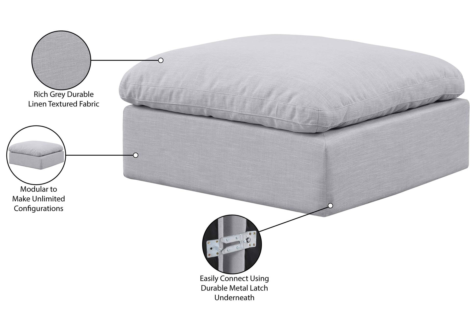 Indulge Grey Linen Textured Fabric Ottoman,Meridian Furniture