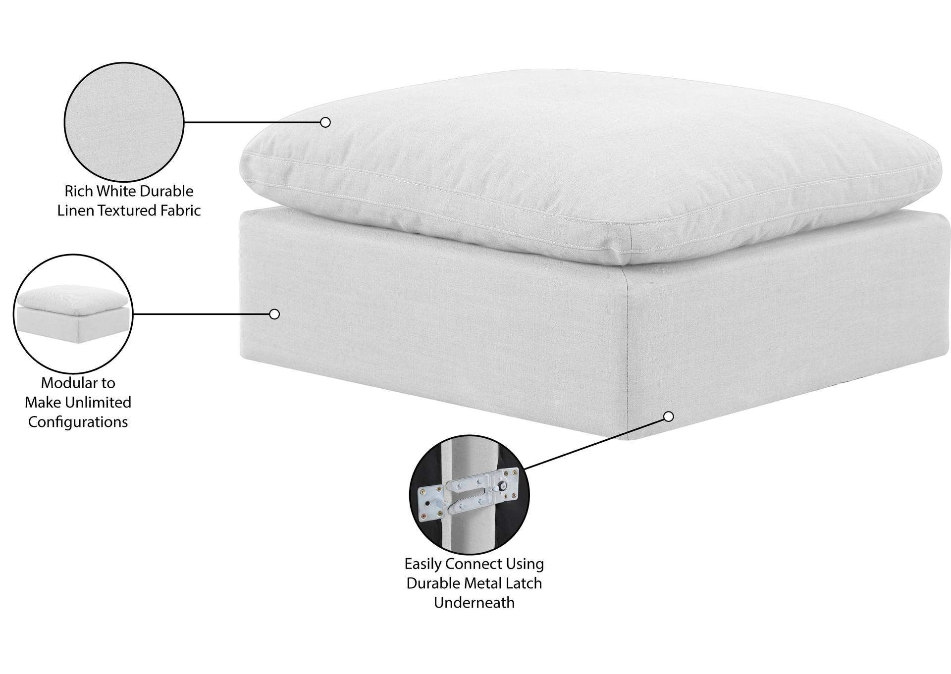 Indulge White Linen Textured Fabric Ottoman,Meridian Furniture