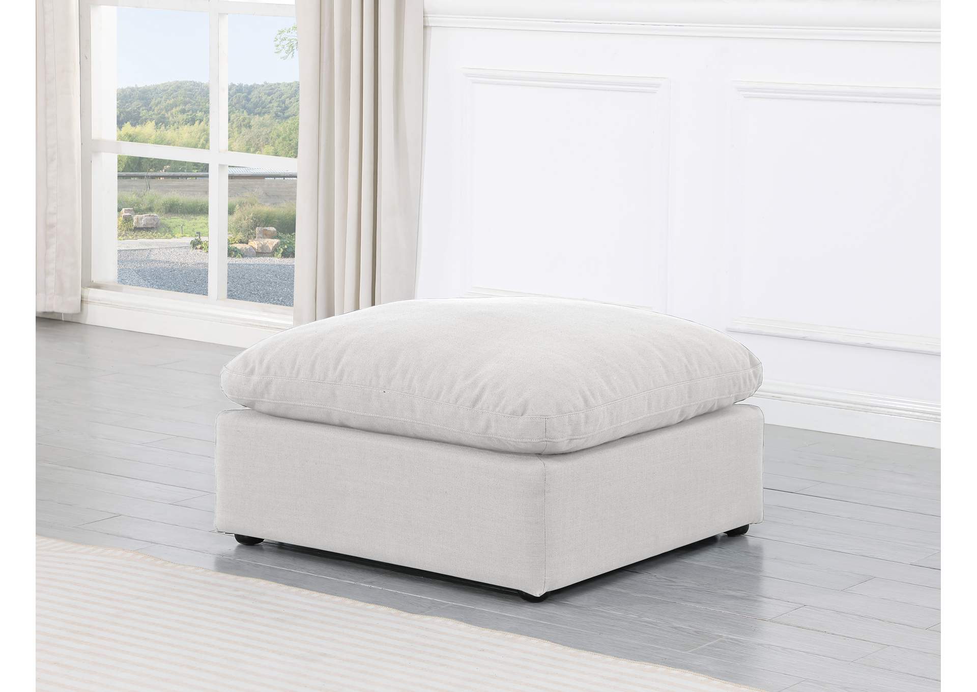 Indulge White Linen Textured Fabric Ottoman,Meridian Furniture
