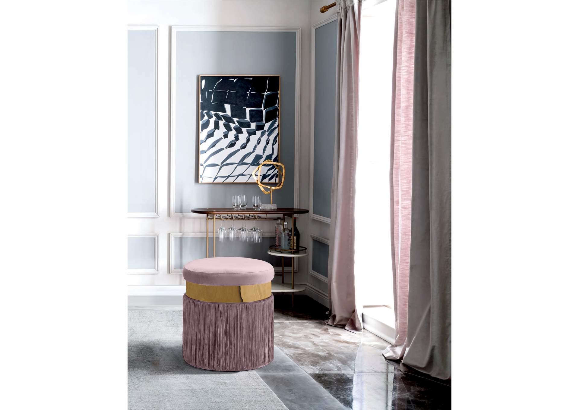 Yasmine Pink Velvet Ottoman - Stool,Meridian Furniture