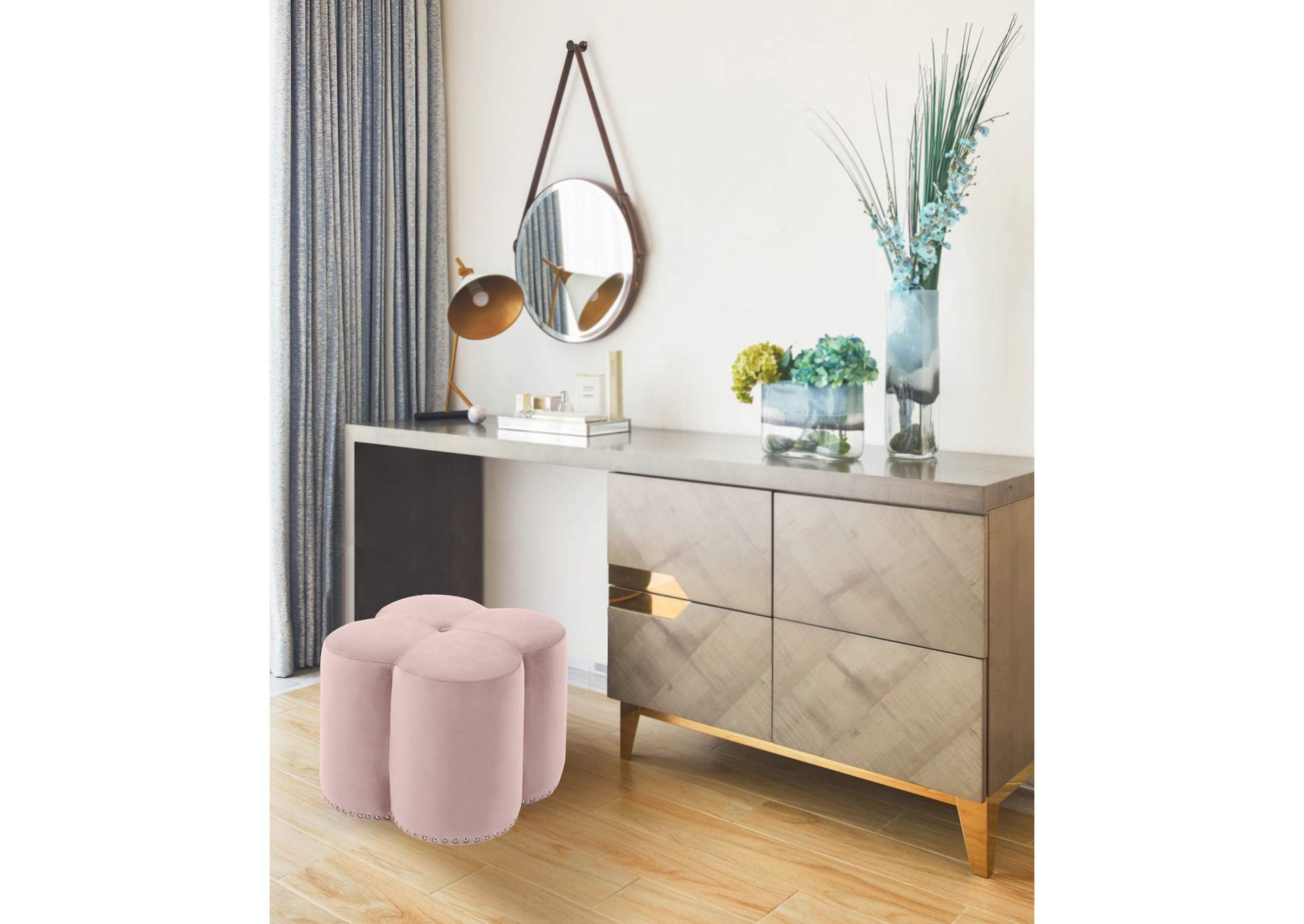 Clover Pink Velvet Ottoman,Meridian Furniture