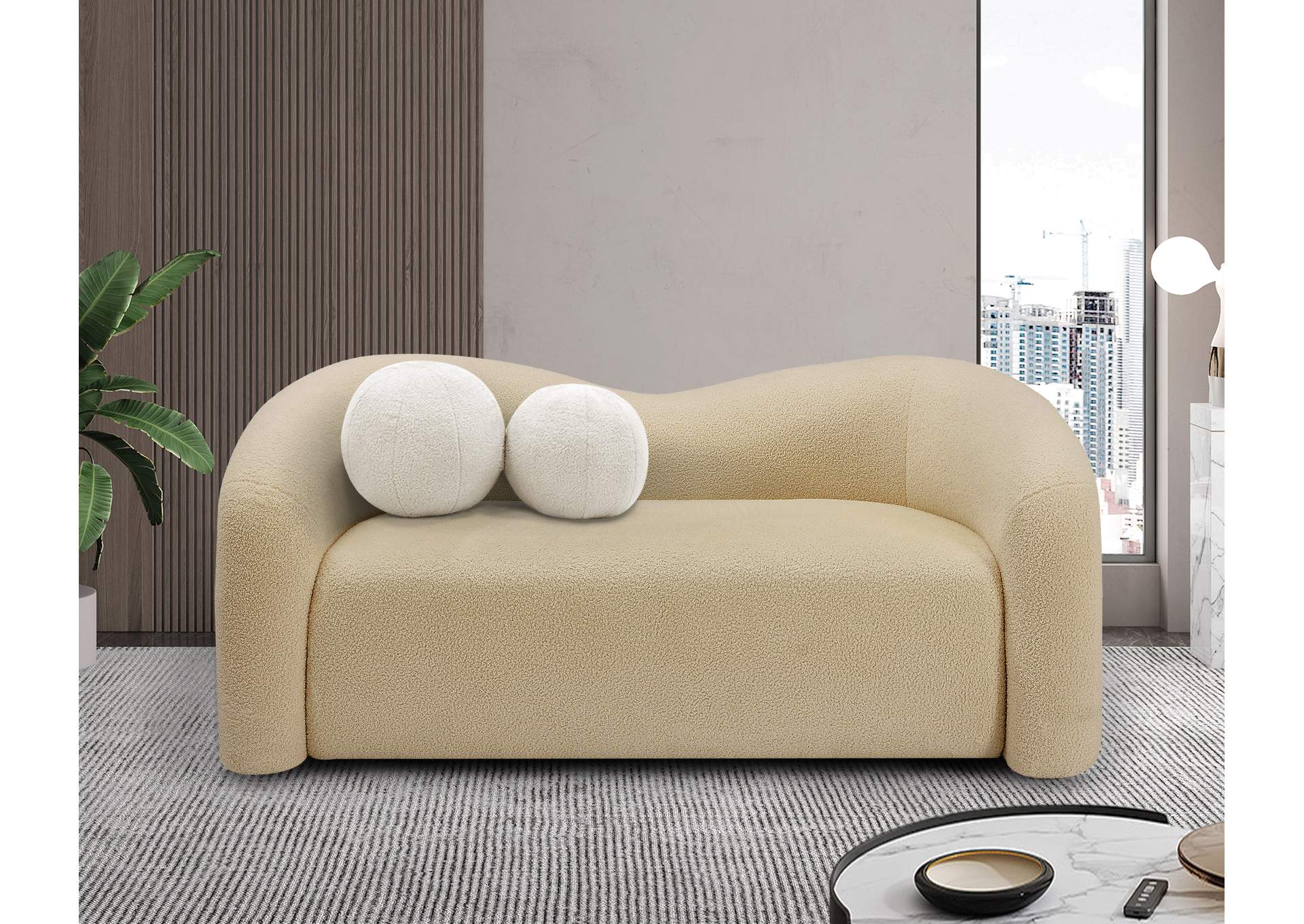 Kali Beige Faux Shearling Teddy Fabric Loveseat,Meridian Furniture