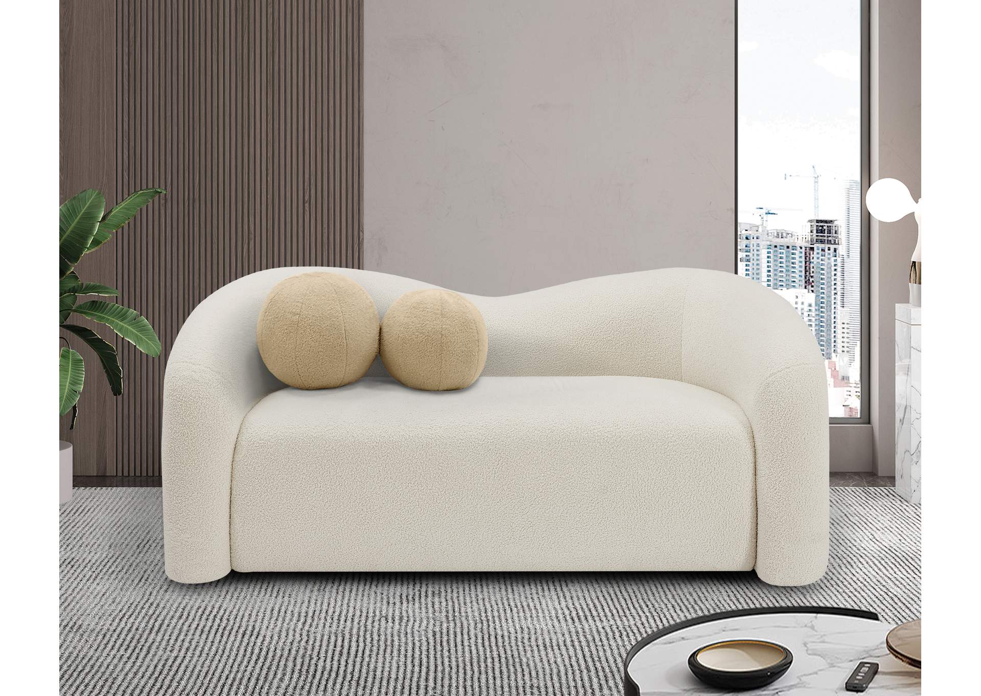 Kali Cream Faux Shearling Teddy Fabric Loveseat,Meridian Furniture