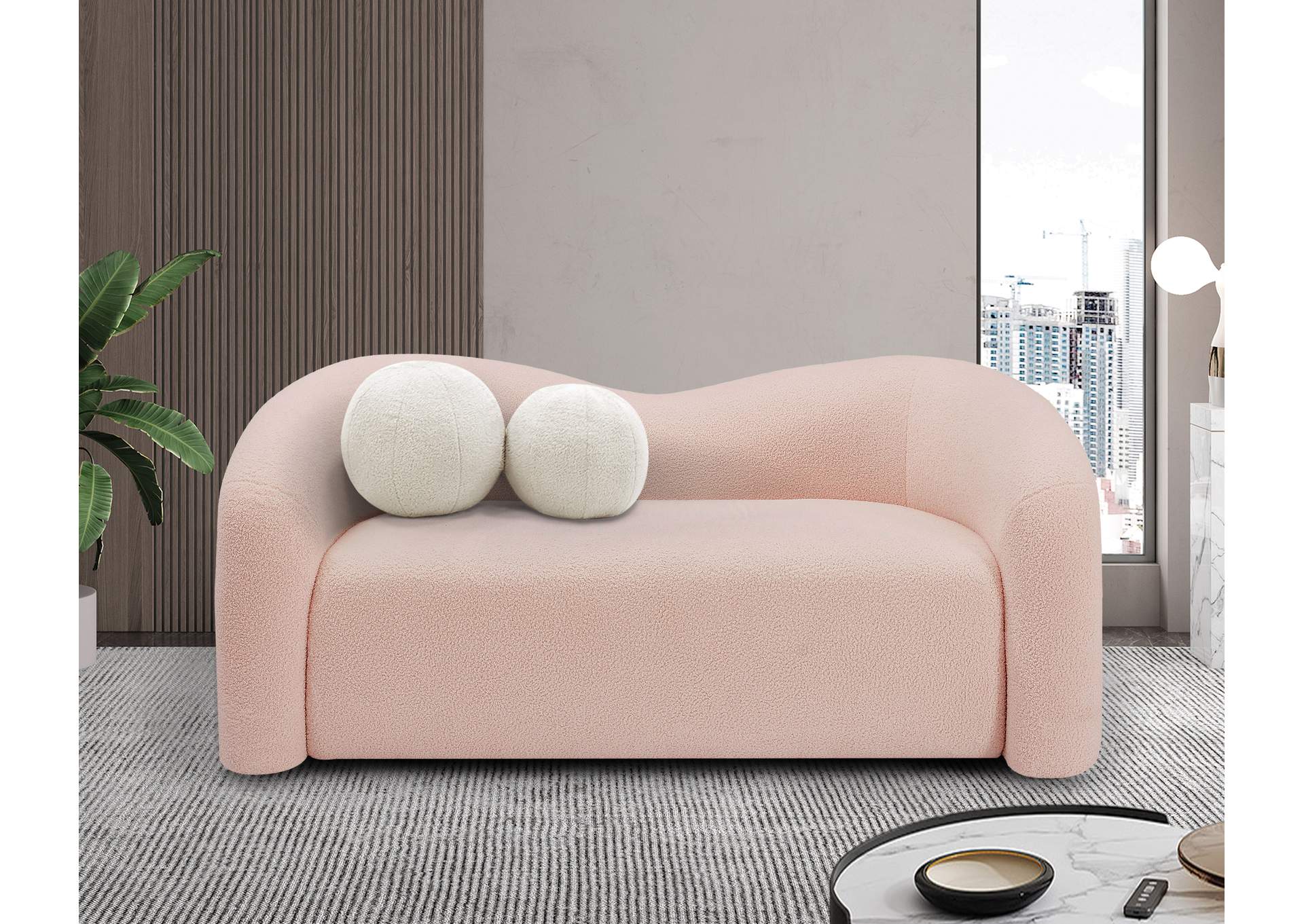 Kali Pink Faux Shearling Teddy Fabric Loveseat,Meridian Furniture