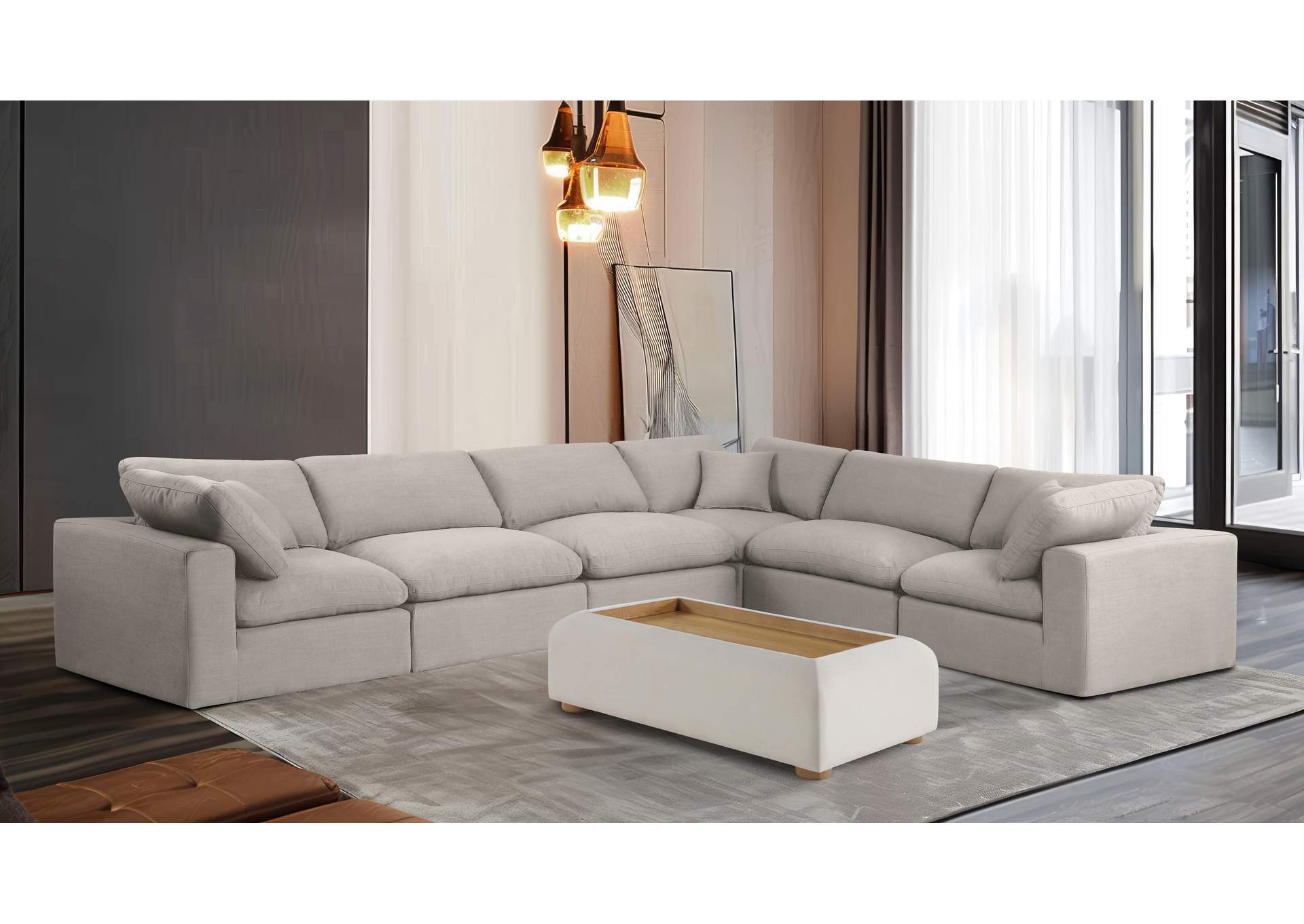 Comfy Beige Linen Textured Fabric Modular Sectional,Meridian Furniture