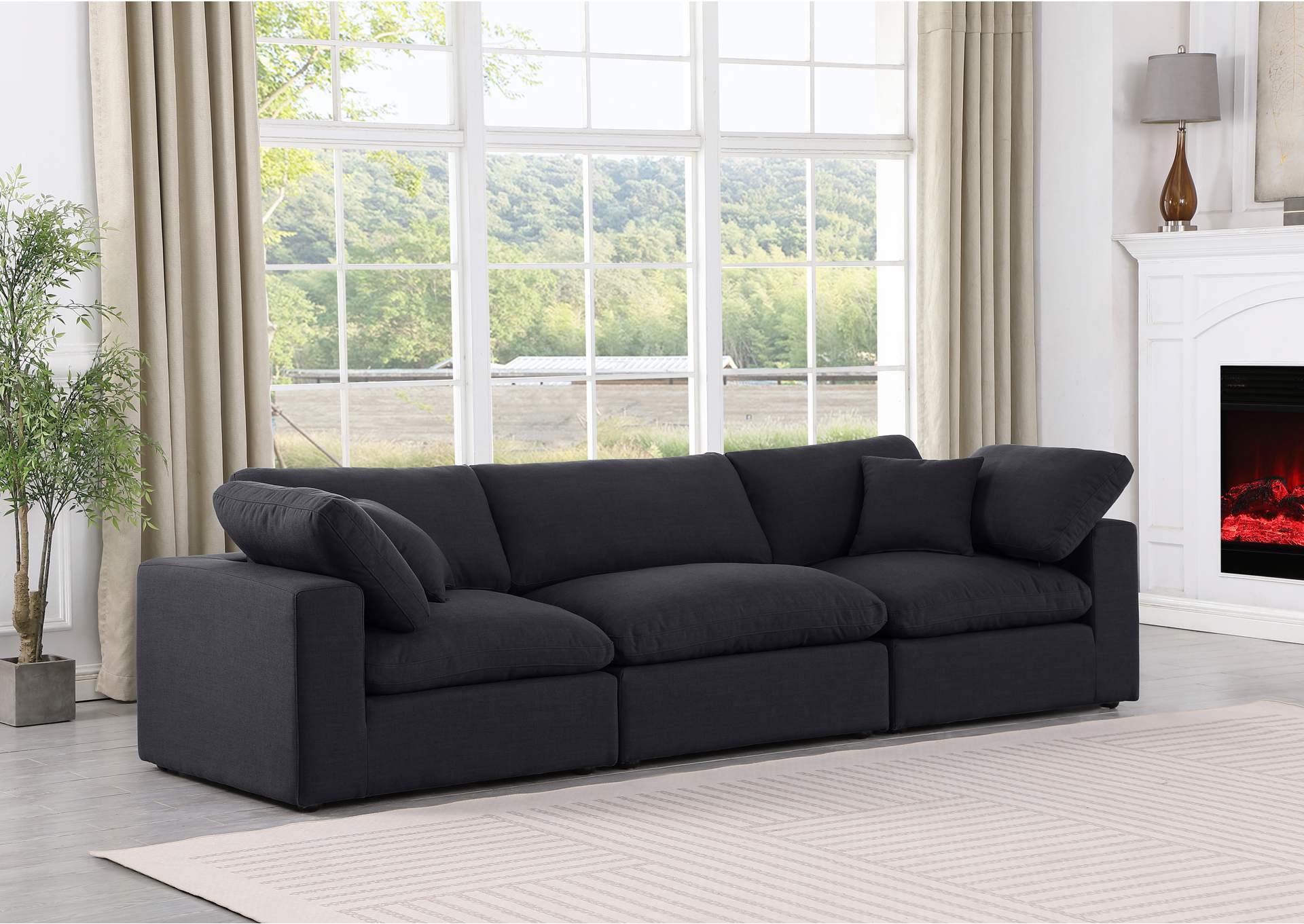 Comfy Black Linen Textured Fabric Modular Sofa,Meridian Furniture