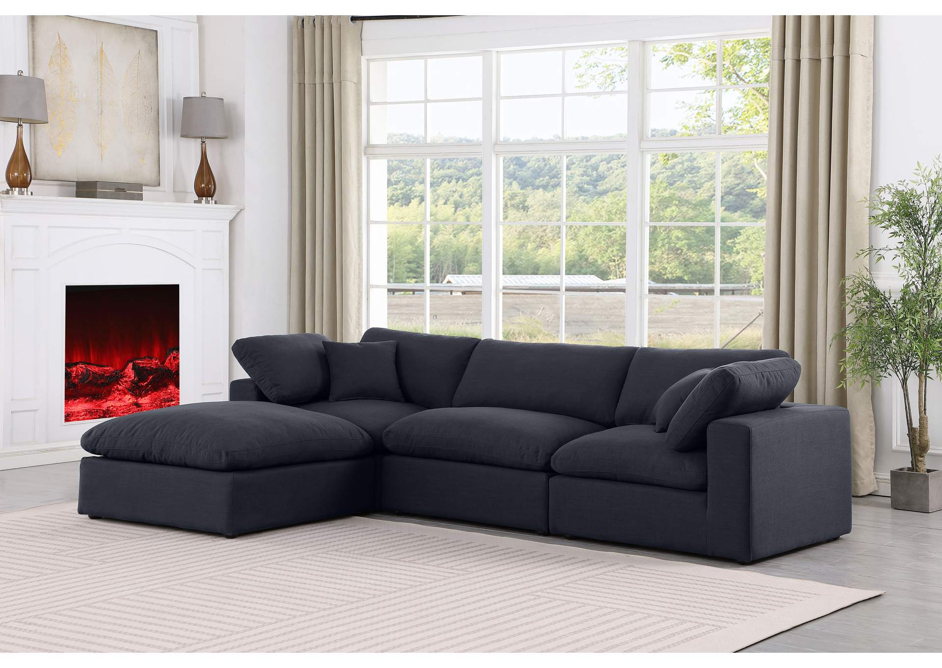 Comfy Black Linen Textured Fabric Modular Sectional,Meridian Furniture