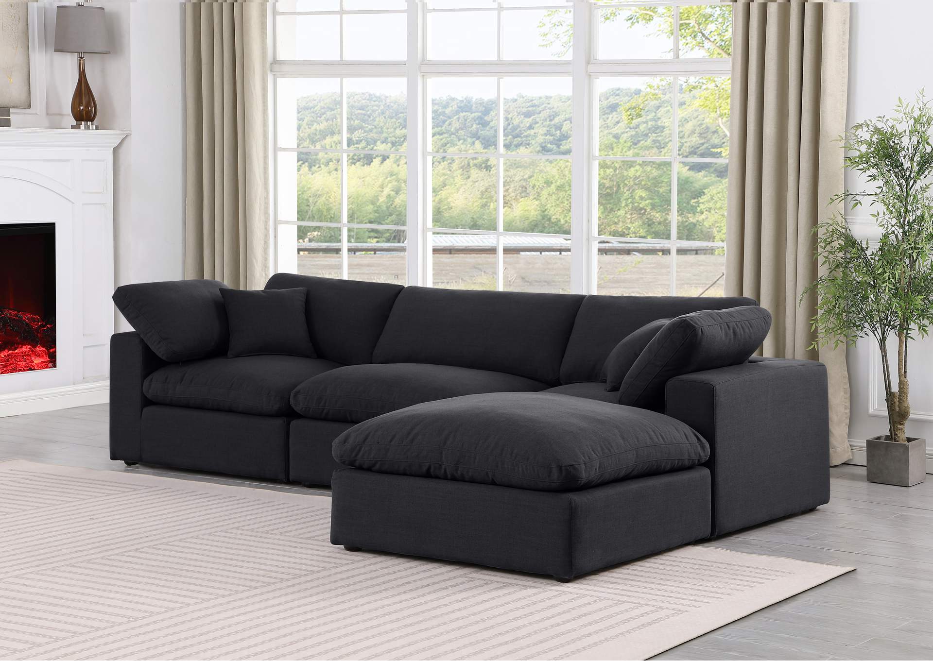 Comfy Black Linen Textured Fabric Modular Sectional,Meridian Furniture