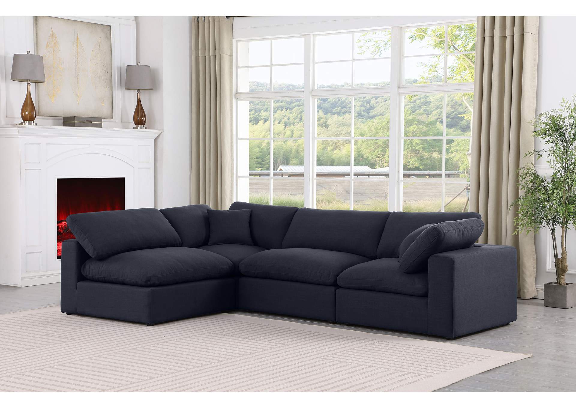 Comfy Black Linen Textured Fabric Modular Sectional,Meridian Furniture