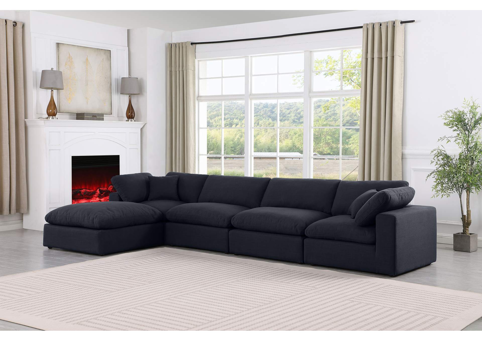 Comfy Black Linen Textured Fabric Modular Sectional,Meridian Furniture