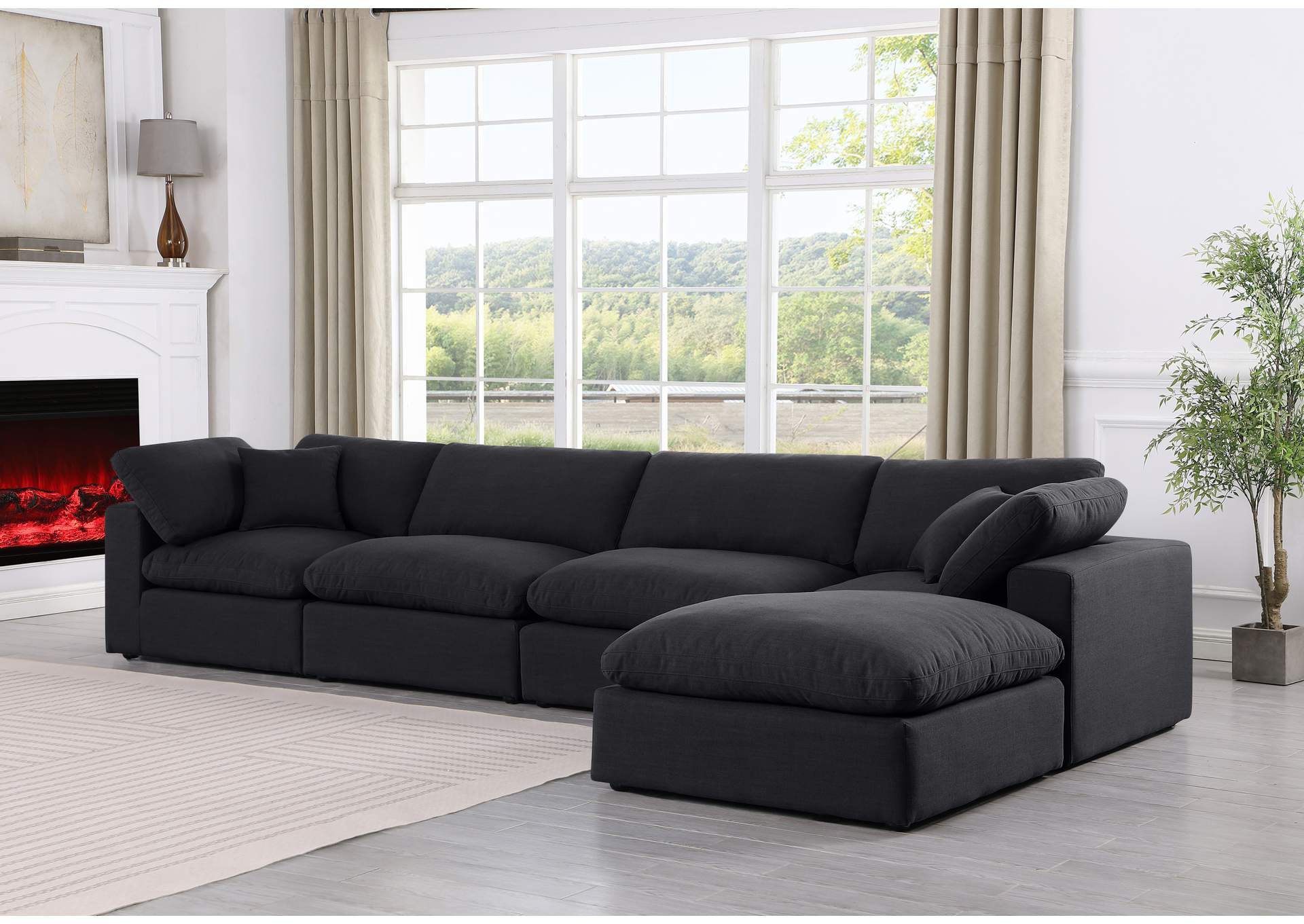 Comfy Black Linen Textured Fabric Modular Sectional,Meridian Furniture