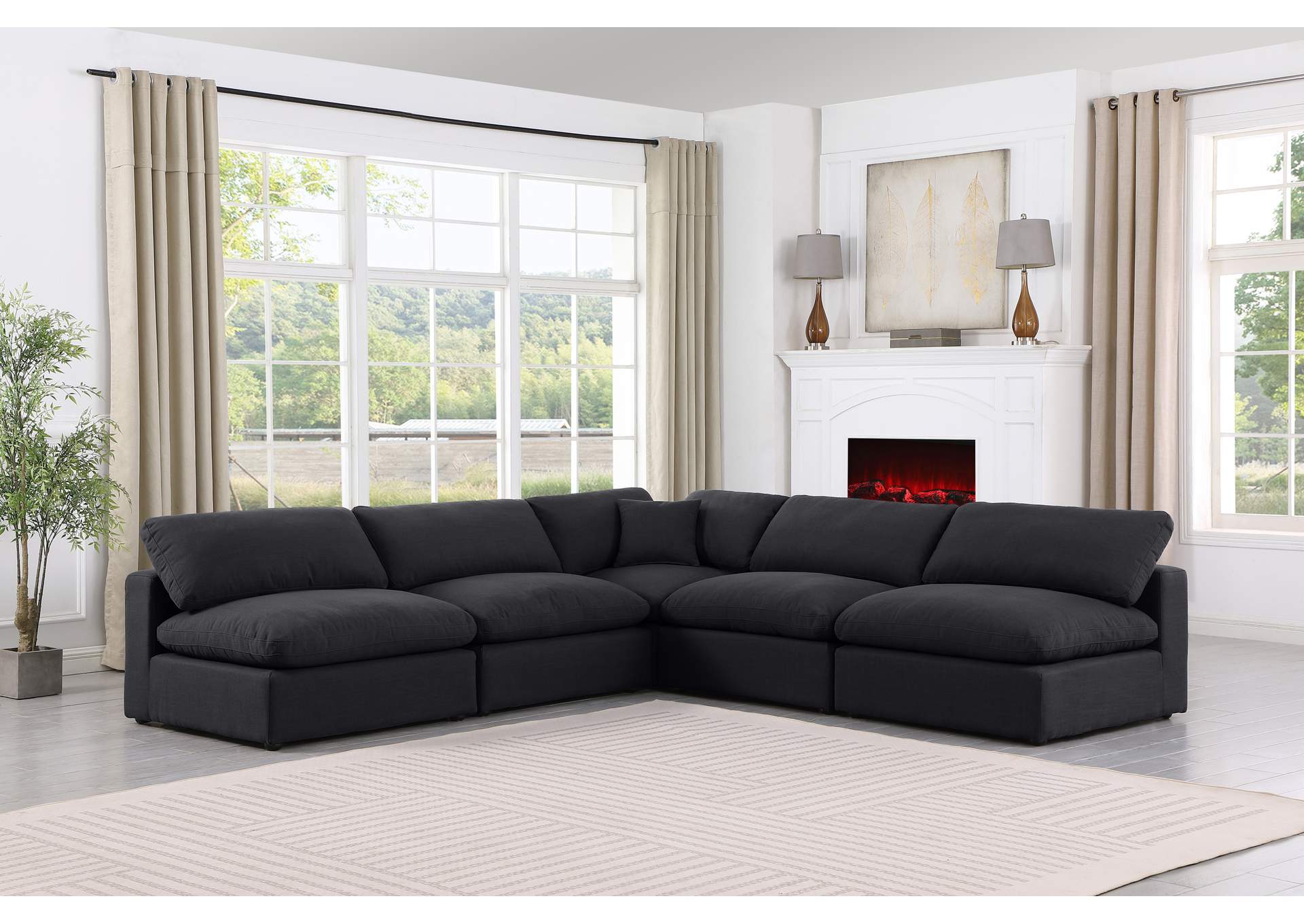 Comfy Black Linen Textured Fabric Modular Sectional,Meridian Furniture
