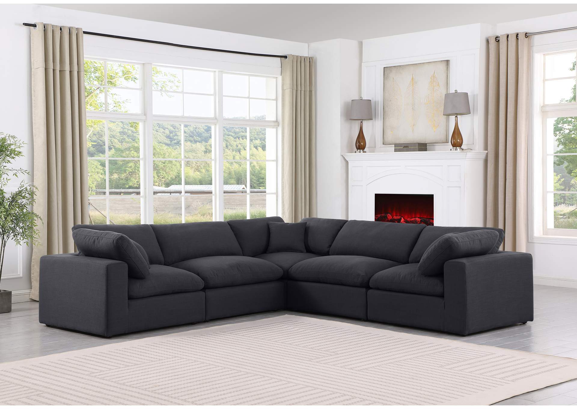 Comfy Black Linen Textured Fabric Modular Sectional,Meridian Furniture