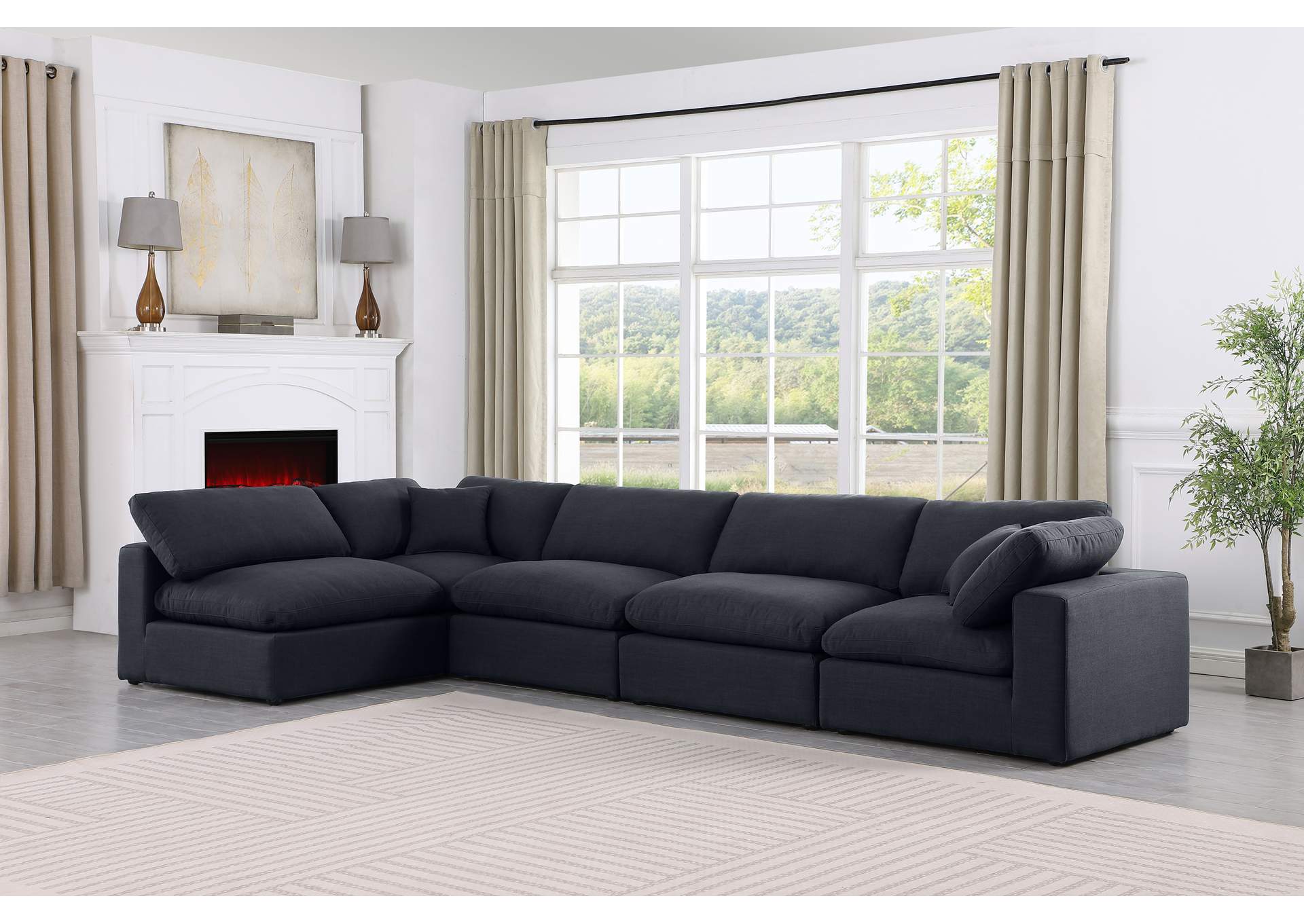 Comfy Black Linen Textured Fabric Modular Sectional,Meridian Furniture