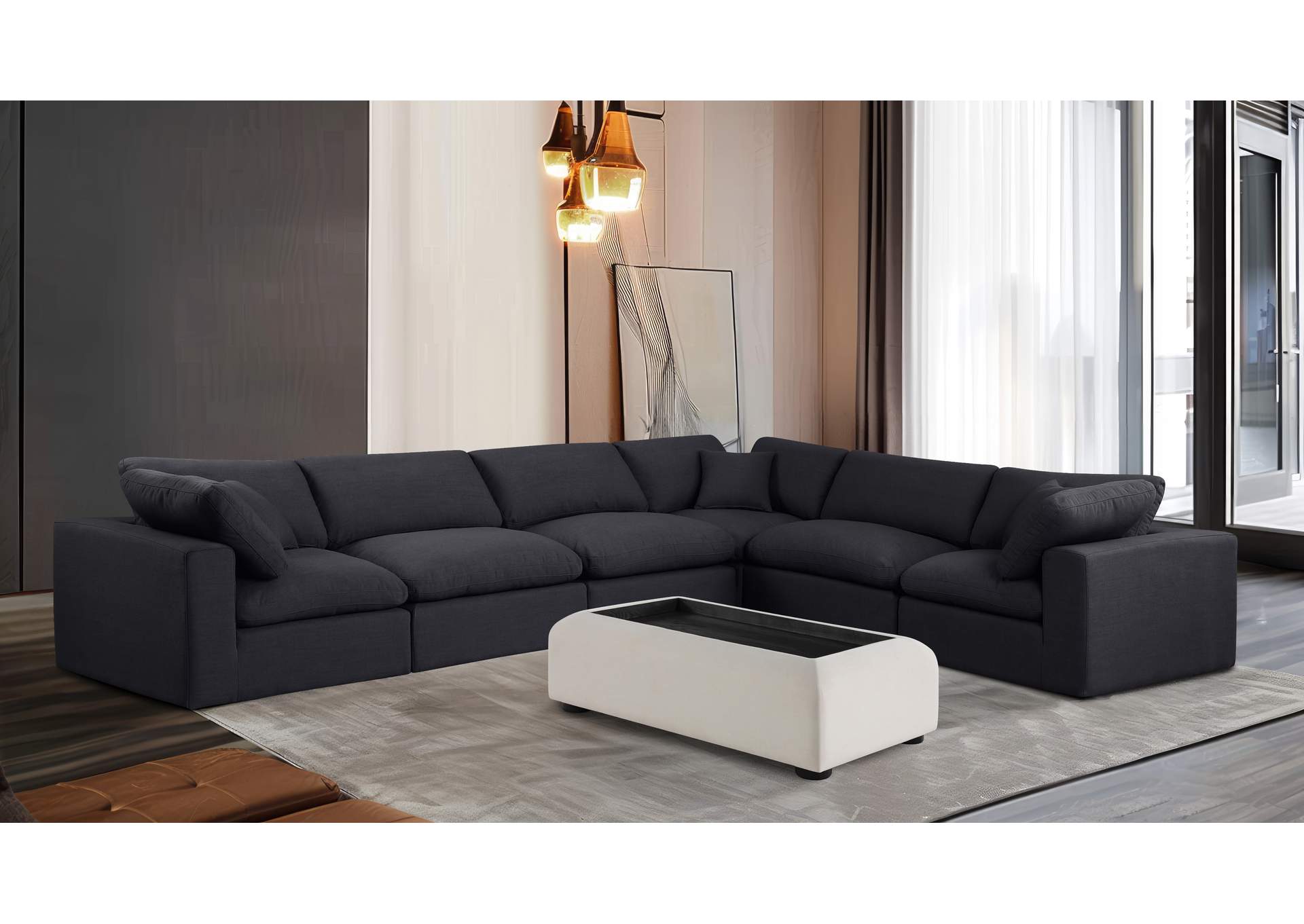 Comfy Black Linen Textured Fabric Modular Sectional,Meridian Furniture
