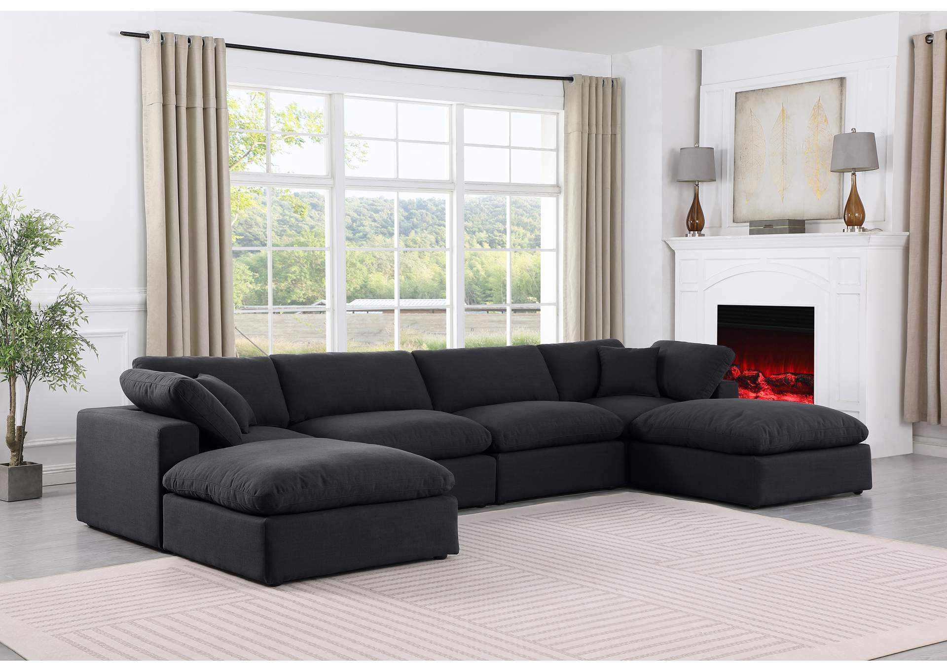 Comfy Black Linen Textured Fabric Modular Sectional,Meridian Furniture