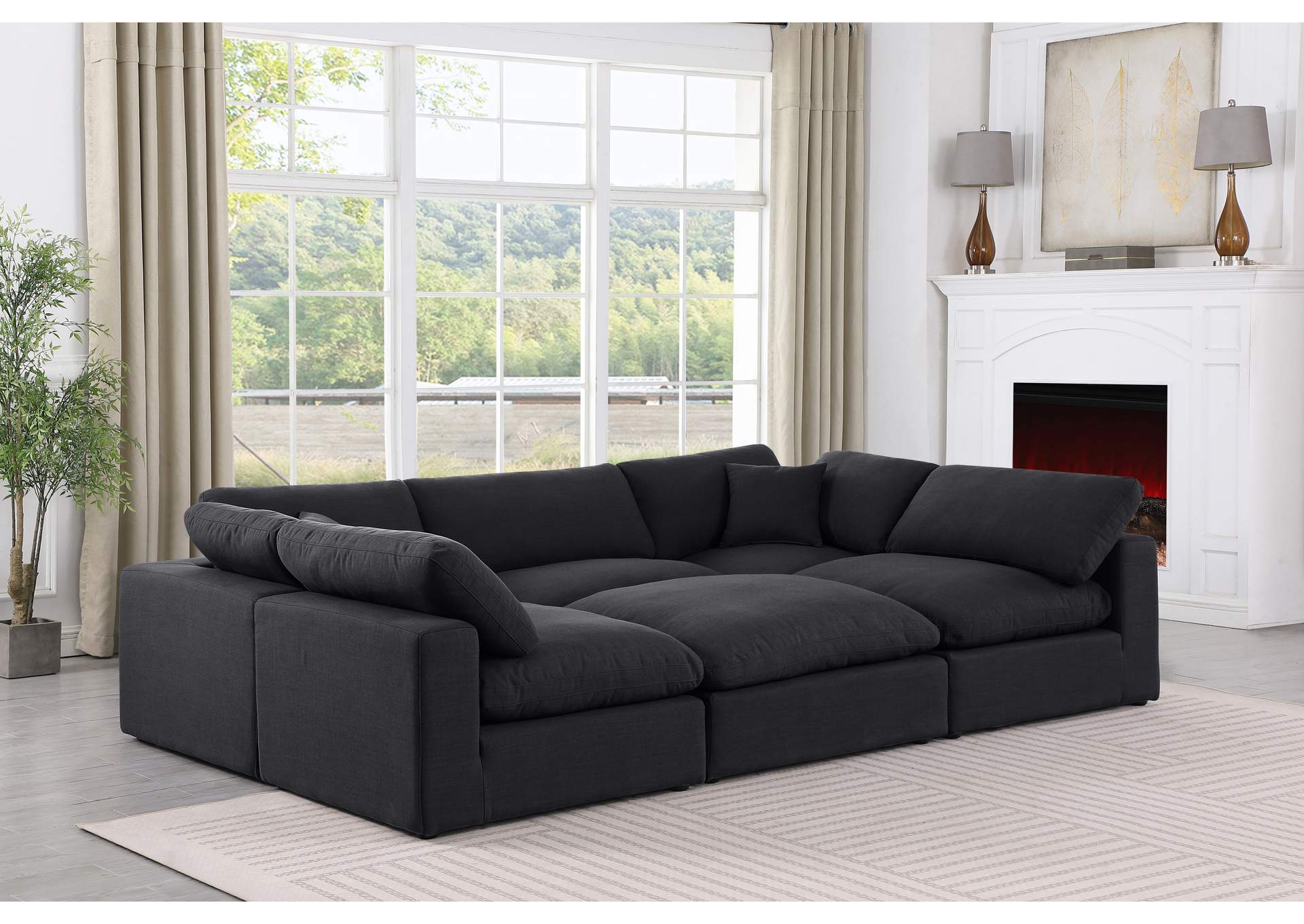 Comfy Black Linen Textured Fabric Modular Sectional,Meridian Furniture
