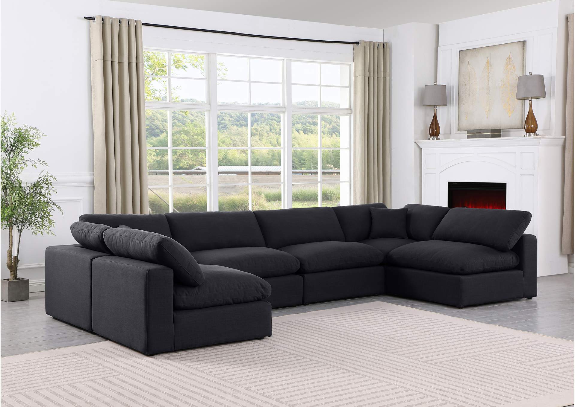 Comfy Black Linen Textured Fabric Modular Sectional,Meridian Furniture