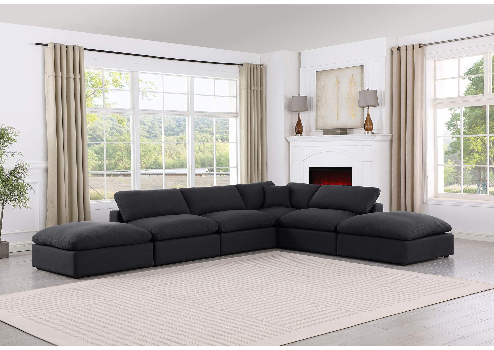 Comfy Black Linen Textured Fabric Modular Sectional,Meridian Furniture