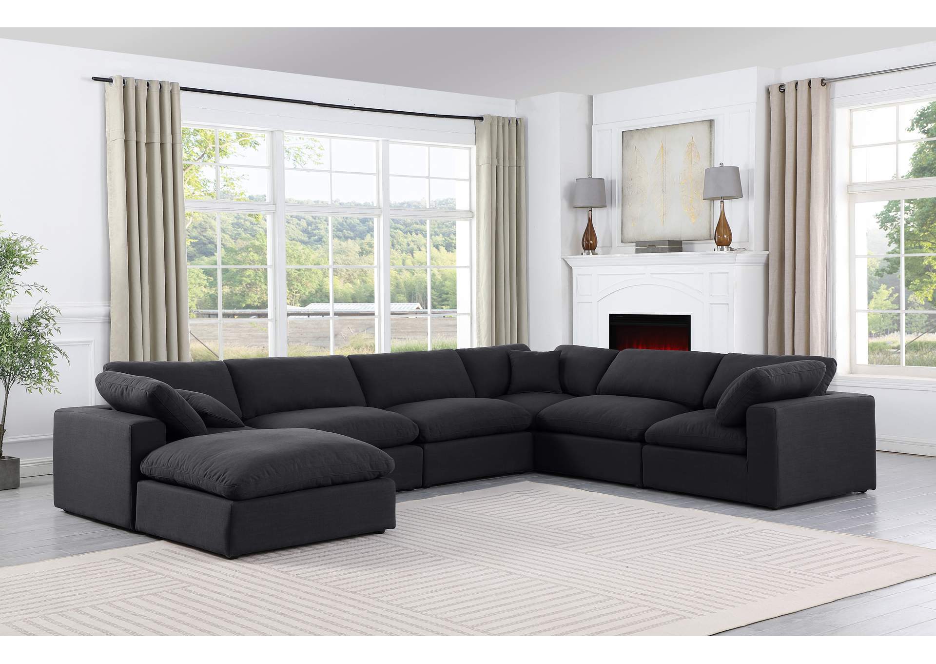 Comfy Black Linen Textured Fabric Modular Sectional,Meridian Furniture