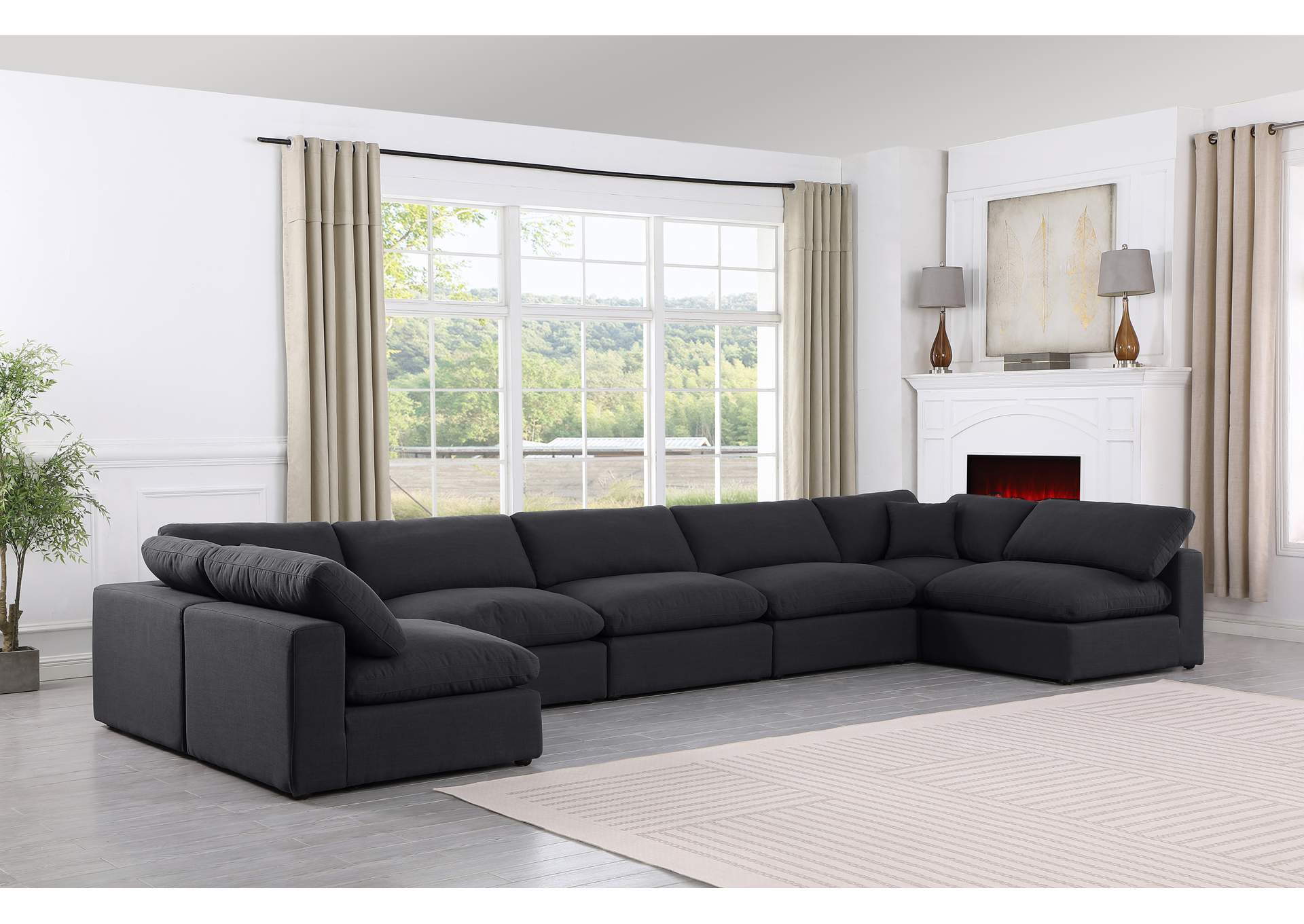 Comfy Black Linen Textured Fabric Modular Sectional,Meridian Furniture