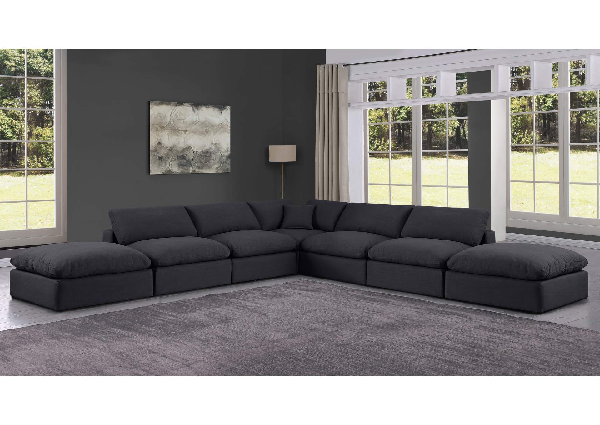 Comfy Black Linen Textured Fabric Modular Sectional,Meridian Furniture
