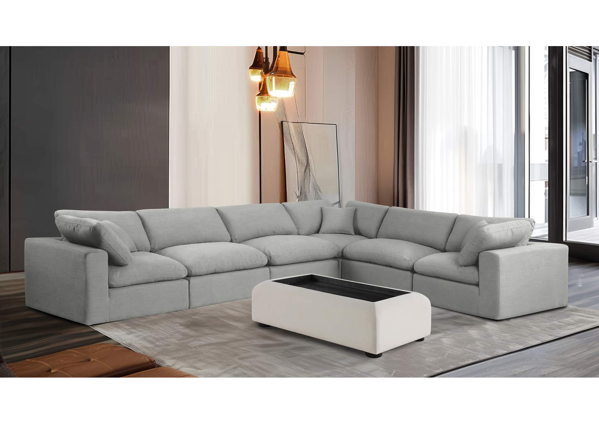 Comfy Grey Linen Textured Fabric Modular Sectional,Meridian Furniture