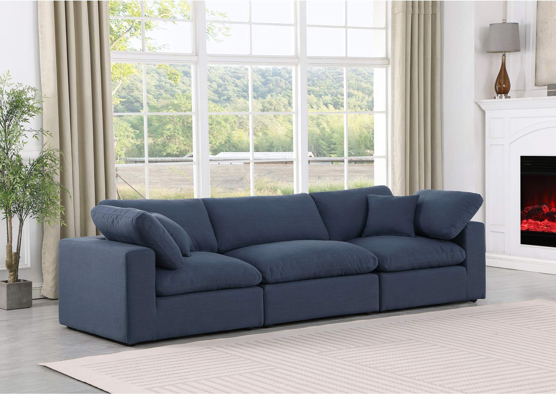 Comfy Navy Linen Textured Fabric Modular Sofa,Meridian Furniture