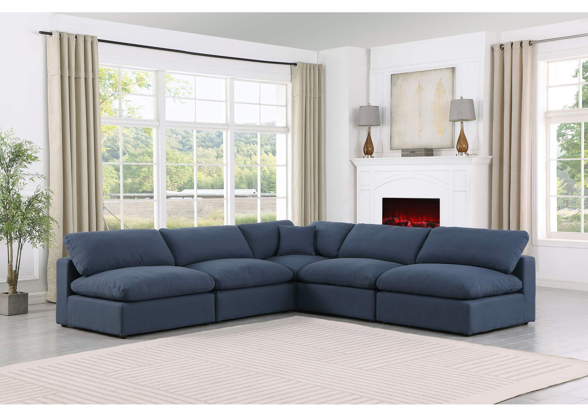Comfy Navy Linen Textured Fabric Modular Sectional,Meridian Furniture